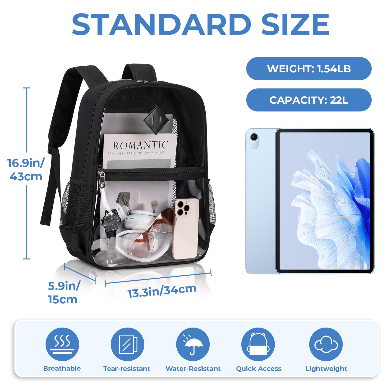 Clear Heavy Duty Transparent Backpack - PVC & Fabric See-Through Book Bag for Work, School, Security Check & Concerts | TSA & Stadium Approved | Perfect for College, Travel & Events (Black)
