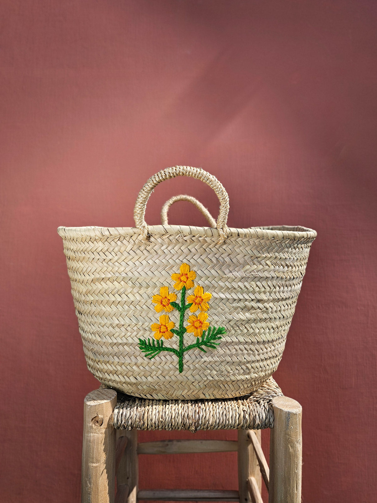 Hand Embroidered Market Basket with Cosmos Floral Design - Eco-Friendly Cotton Tote Bag for Grocery Shopping, Picnics & Farmers Market