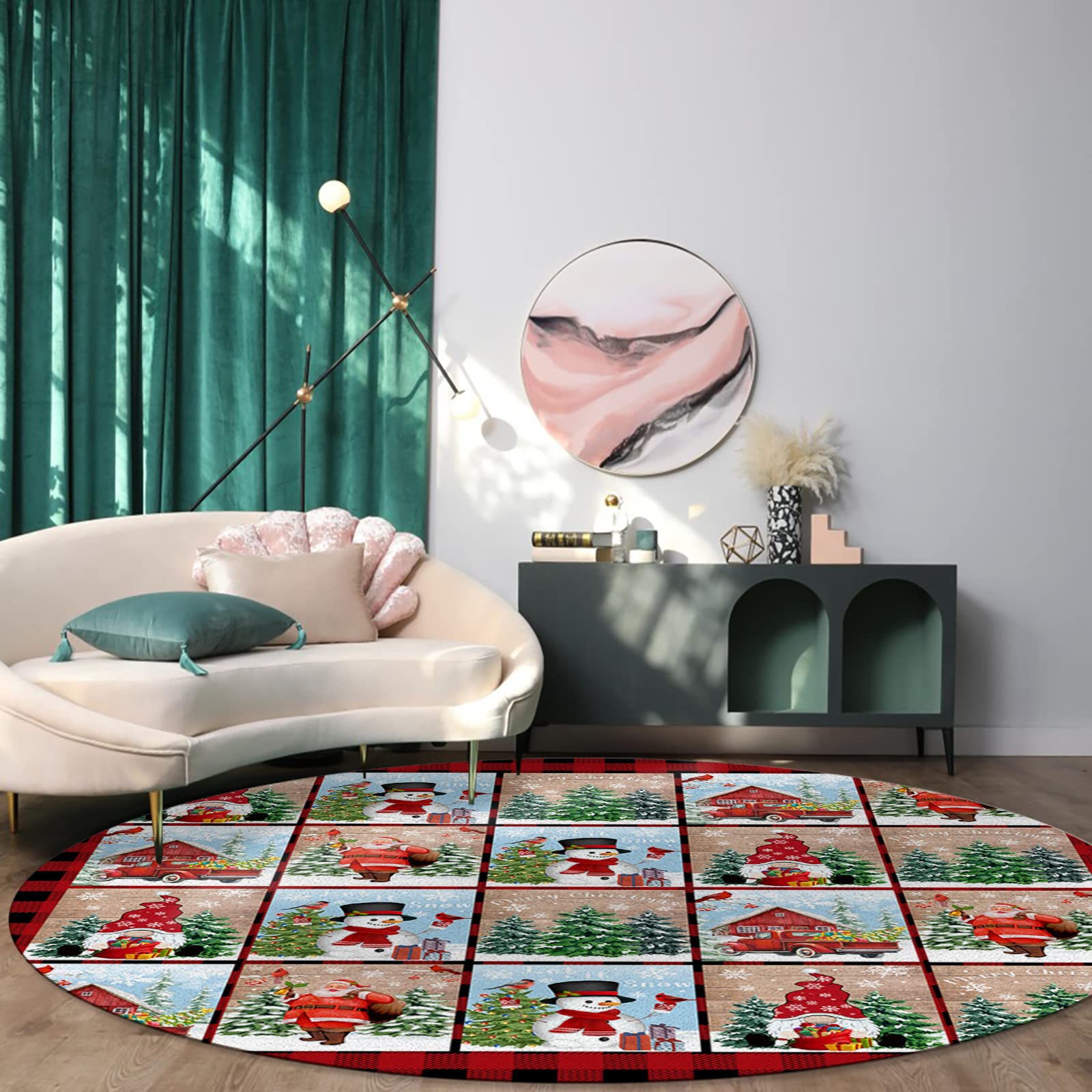 Large Round Non-Slip Christmas Plaid Area Rug - 3.3ft Washable Floor Mat for Bedroom, Living Room & Kids Room | Holiday Decor with Gnomes, Snowman & Santa Tree Design | Perfect for Winter Home Decor, Gift Giving & Cozy Seasonal Atmosphere
