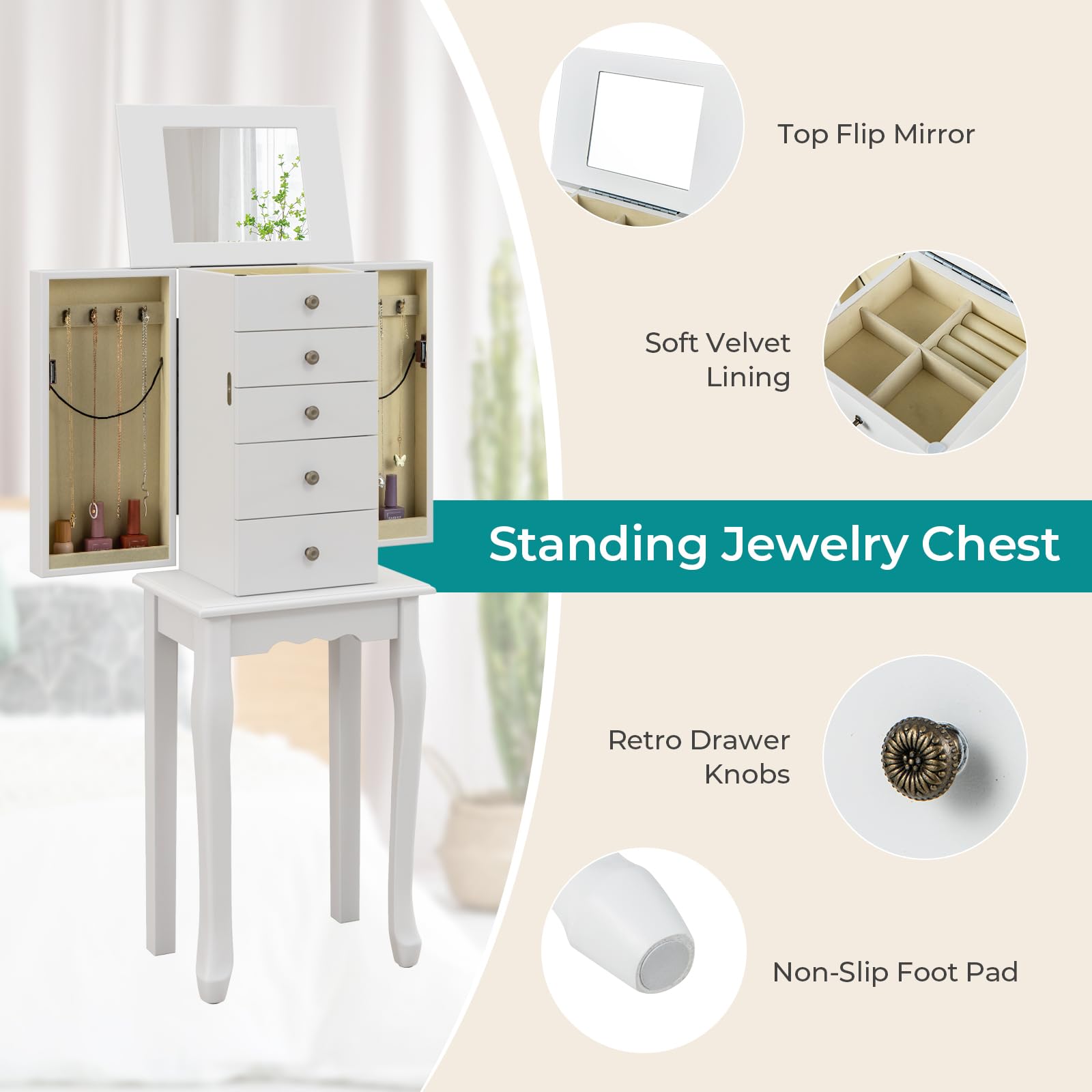 GOFLAME Standing Jewelry Cabinet Armoire with Flip Mirror, 4 Drawers & 8 Necklace Hooks - White Jewelry Storage Organizer for Bedroom, Vanity & Closet - Perfect for Necklaces, Rings, Earrings & Bracelets Organization