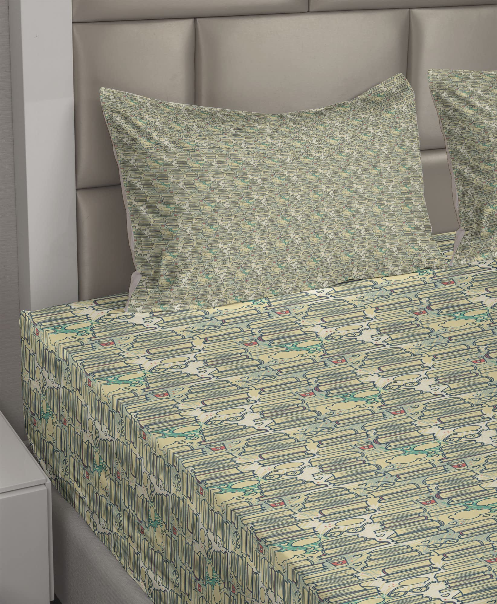 Ambesonne 4-Piece Book Lover Bedding Set - Full Size Fitted & Flat Sheets with Pillowcases - Literary Themed Design with Books, Thought Bubbles, Glasses & Coffee Cups - Cream Almond Green - Perfect for College Dorms, Reading Nooks & Bookworm Bedrooms
