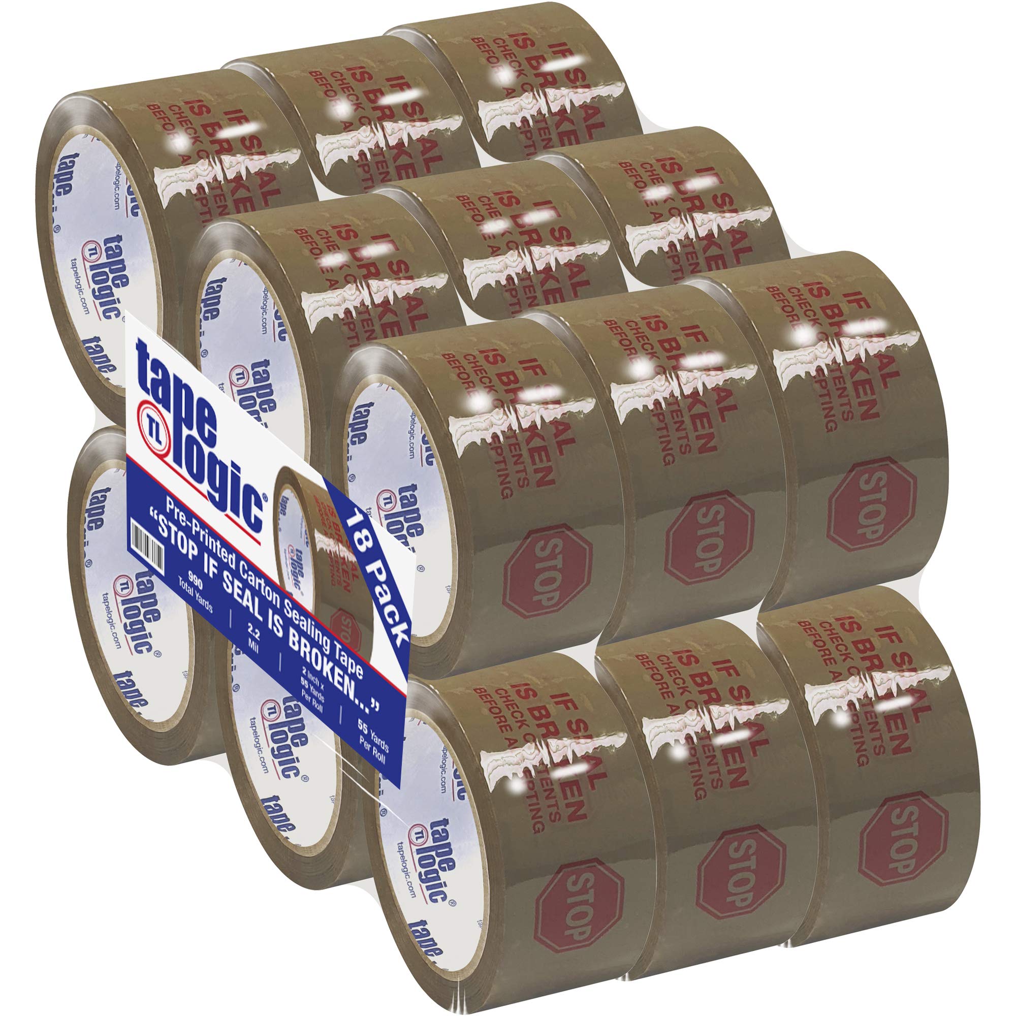 Aviditi Tape Logic 2 Inch x 55 Yard 2.2 Mil Red/Tan Heavy Duty Packing Tape - 18 Pack with 'Stop If Seal is Broken' Security Feature | Ideal for Shipping Boxes, Moving Supplies, Office Packing & Home Storage