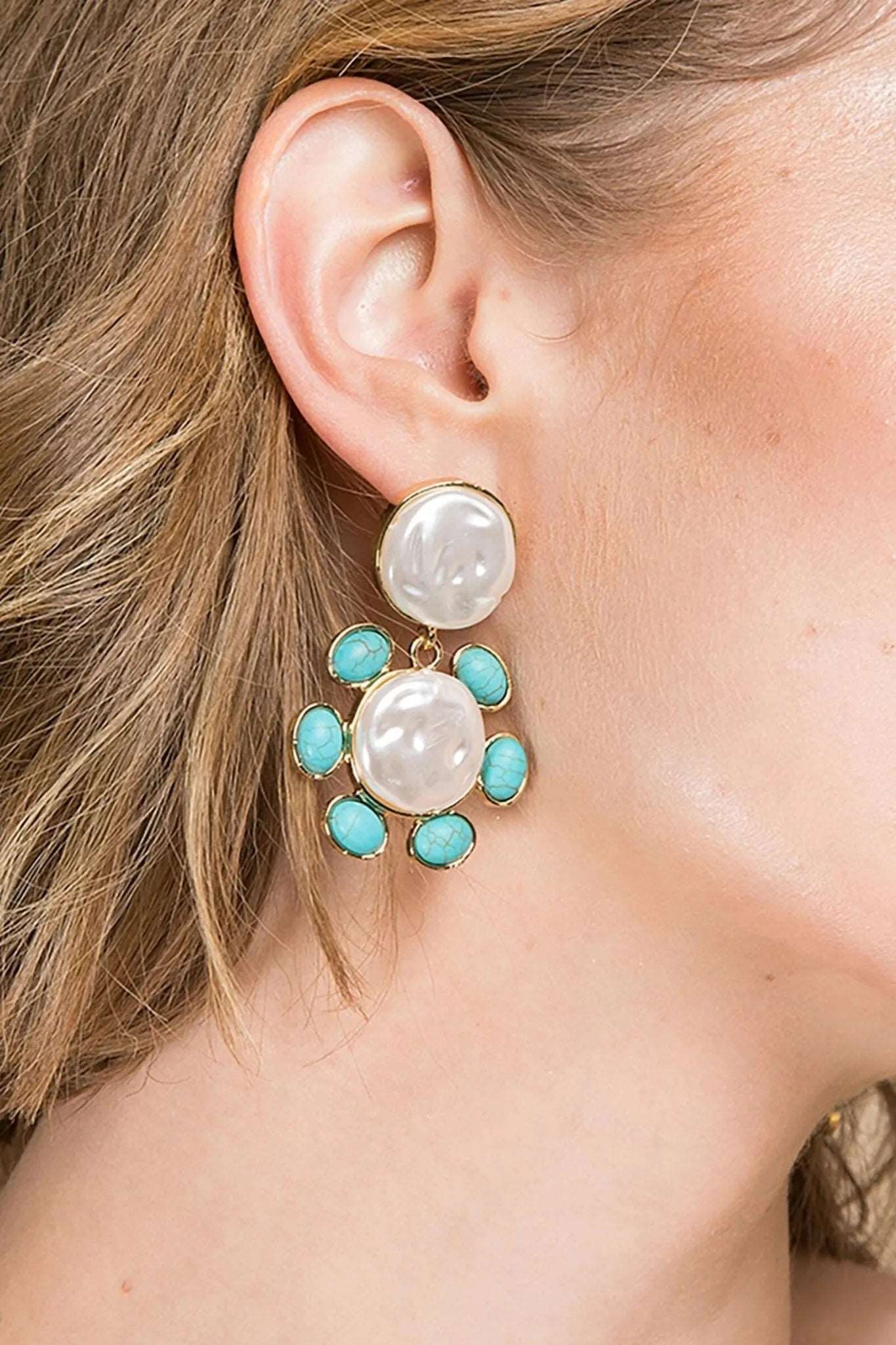 Turquoise Stone Pearl Earrings for Women - Handmade Boho Dangle Jewelry - Perfect for Weddings, Parties & Everyday Wear
