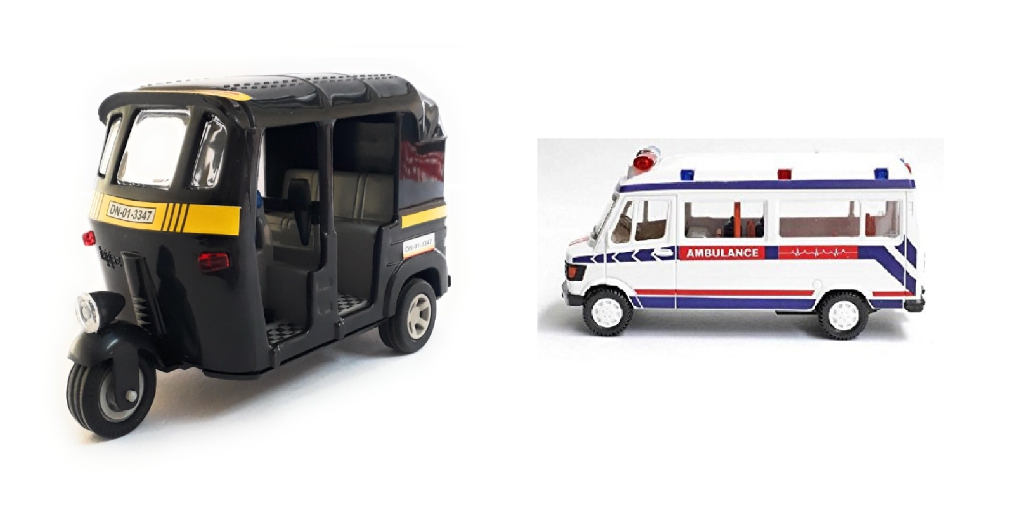 Auto Rickshaw & Ambulance Toy Set - 2 Piece Multicolor Vehicle Combo for Kids | Perfect for Pretend Play, Gift Giving & Early Learning Scenarios
