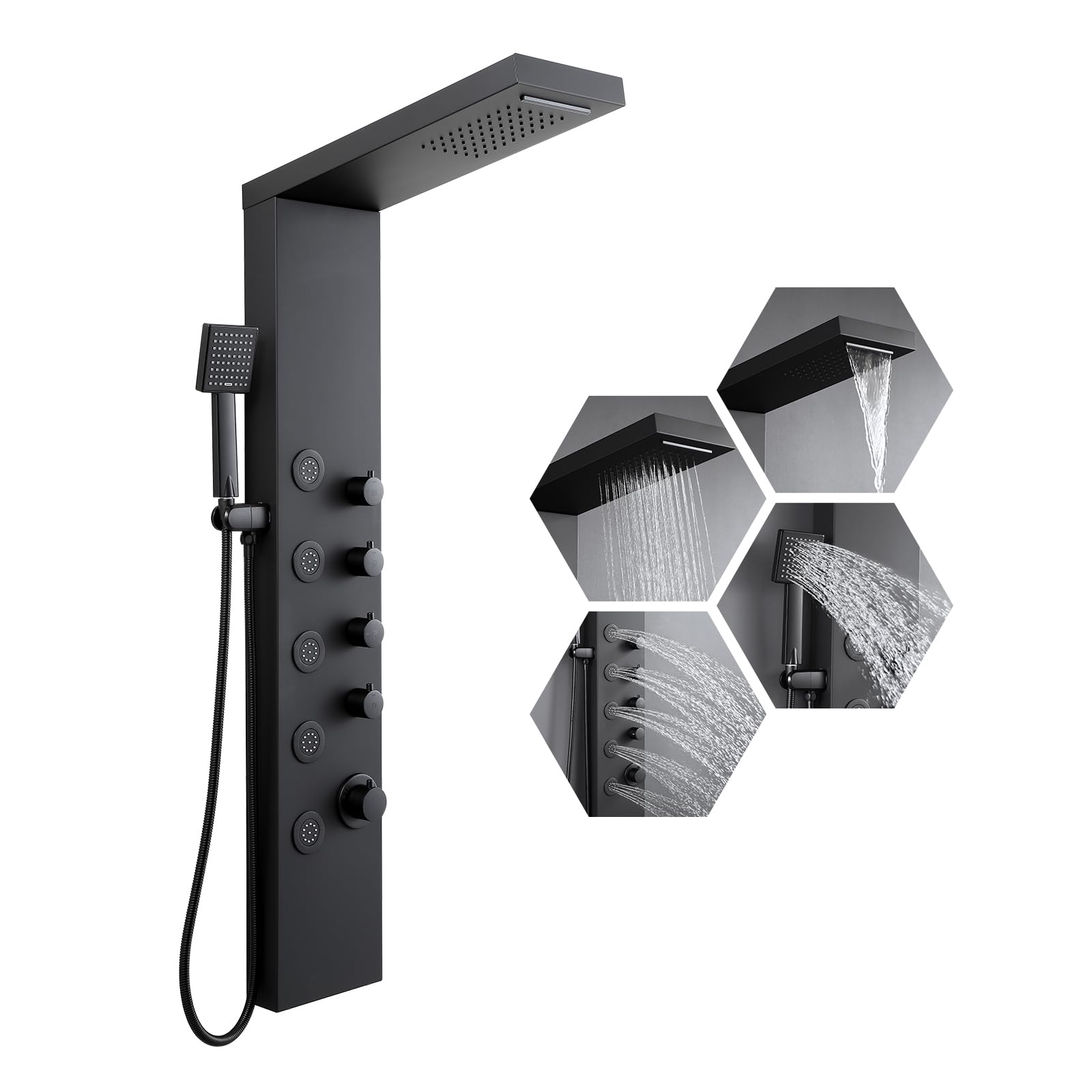 ROVATE 4-in-1 Matte Black Shower Panel Tower System with Rainfall Shower Head, Waterfall, Body Jets & Handheld Spray - High Pressure Stainless Steel Shower Column for Luxurious Spa Experience at Home