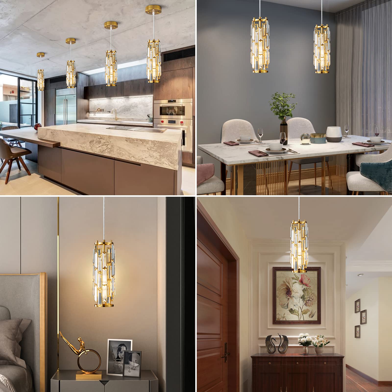 Modern Gold Pendant Lights with Mini Crystal Chandelier - 2-Pack, Elegant Kitchen Island Lighting, Dining Room & Bedroom Ceiling Fixture, Perfect for Sink Area & Home Decor (Gold Finish)