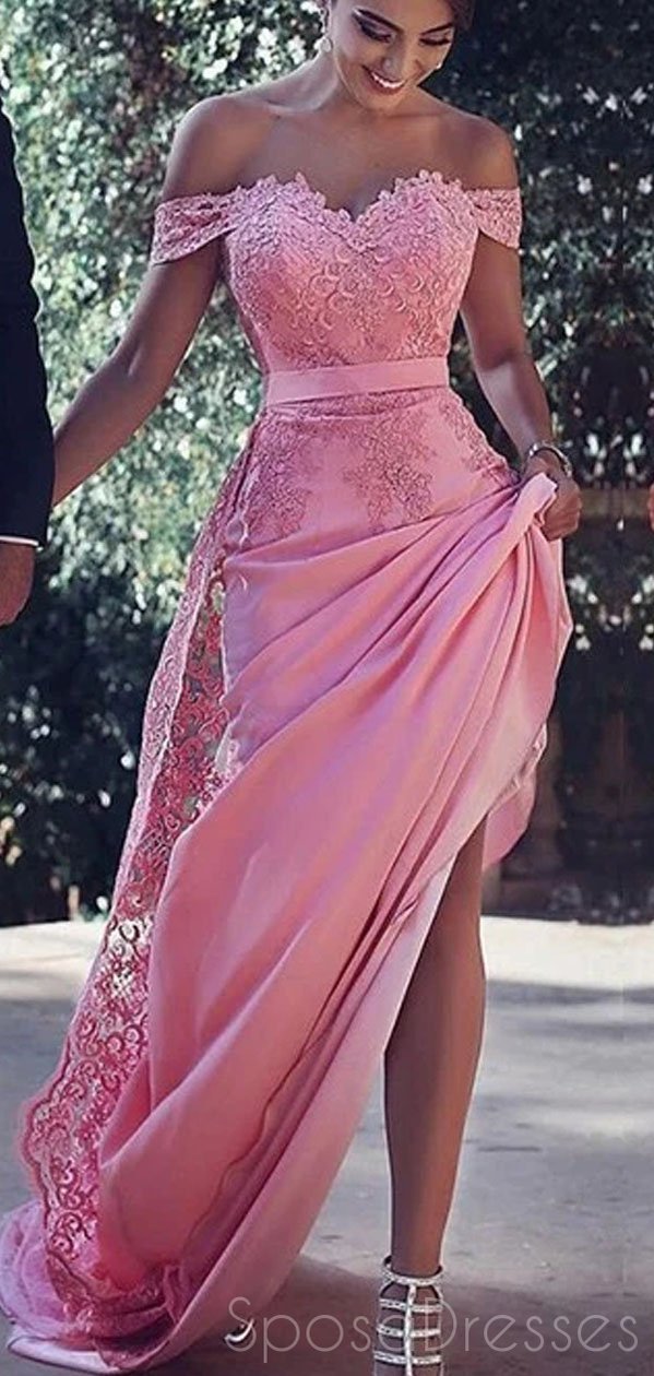 Elegant Off-The-Shoulder Pink Lace Long Evening Prom Dress for Sweet 16 | Formal Gown for Homecoming, Quinceañera & Special Occasions