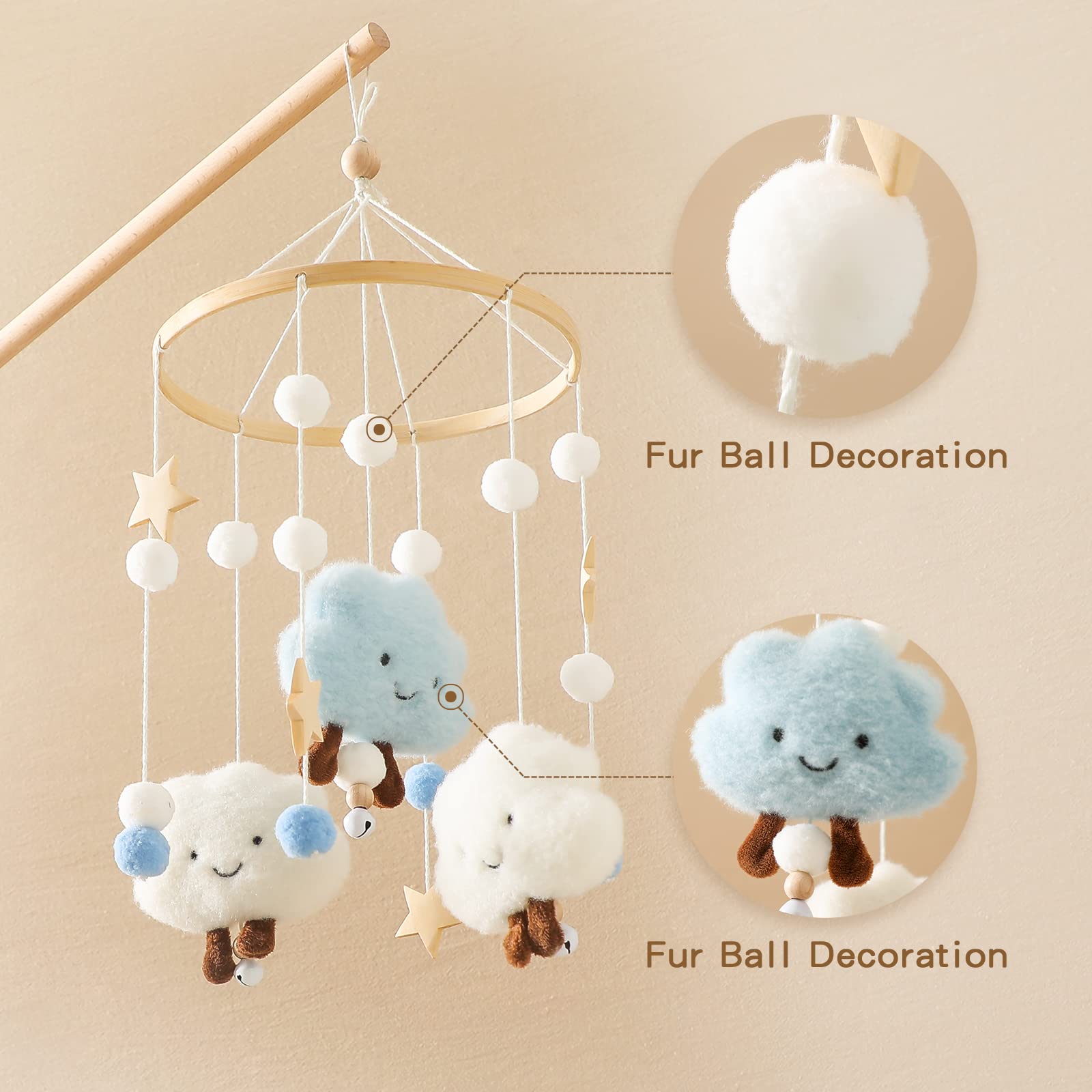 **Wooden Baby Crib Mobile - Handmade Neutral Wind Chime Bed Bell with Clouds Design, Nursery Ceiling Decor for Boys & Girls (Blue) | Perfect for Newborn Gifts & Nursery Room Decoration**