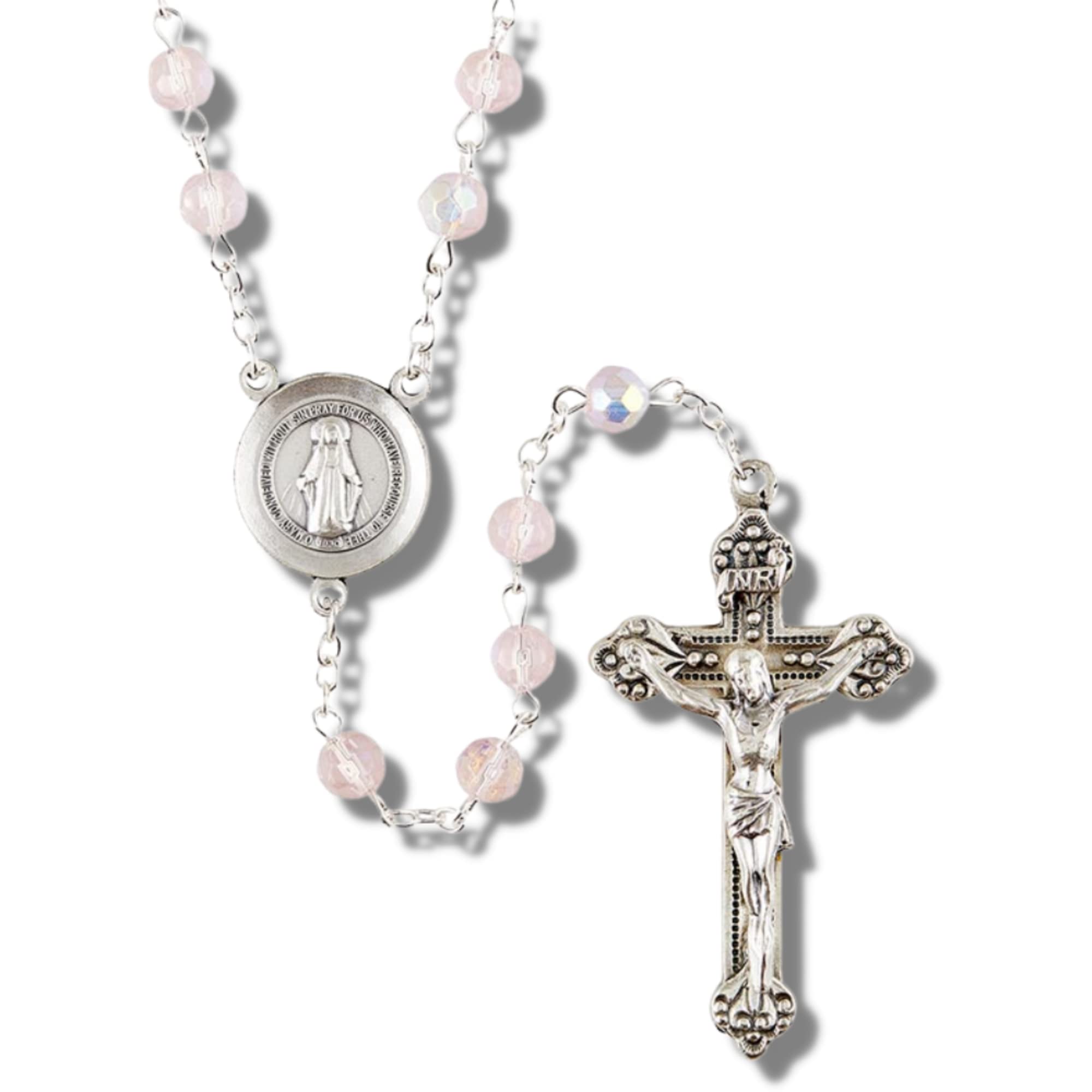 Christian Prague Fire-Polished Rose Glass Beads Rosary Necklace with Virgin Mary Center - 20.75 Inch Catholic Prayer Jewelry for Men & Women | Religious Gift for Baptism, First Communion & Daily Devotion