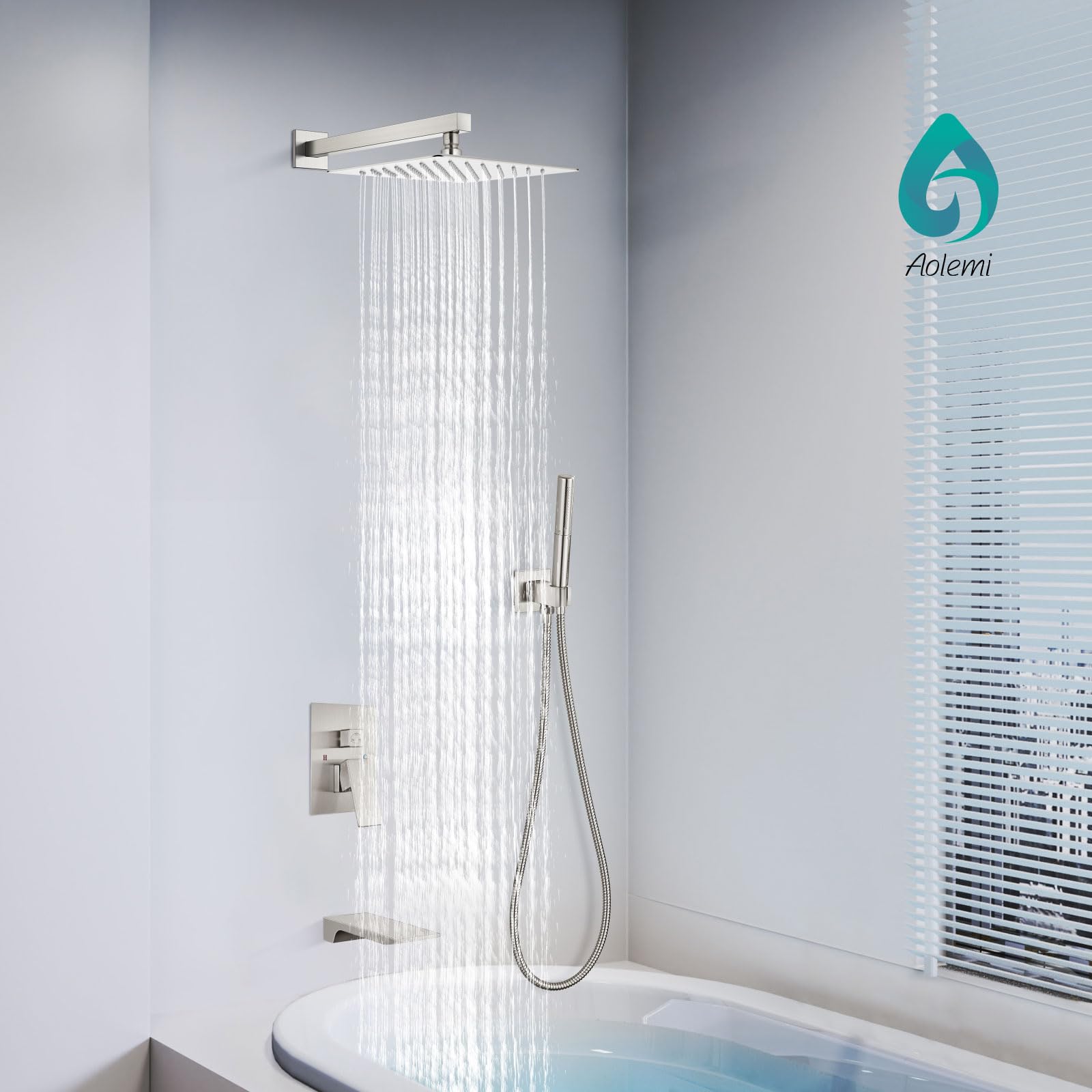 Aolemi 10 Inch Rainfall Shower Tub Faucet Set - Wall Mount Tub and Shower Faucet Combo with 2-in-1 Handheld Sprayer & Rough-in Valve - Brushed Nickel Finish for Bathroom Renovation and Spa-Like Shower Experience