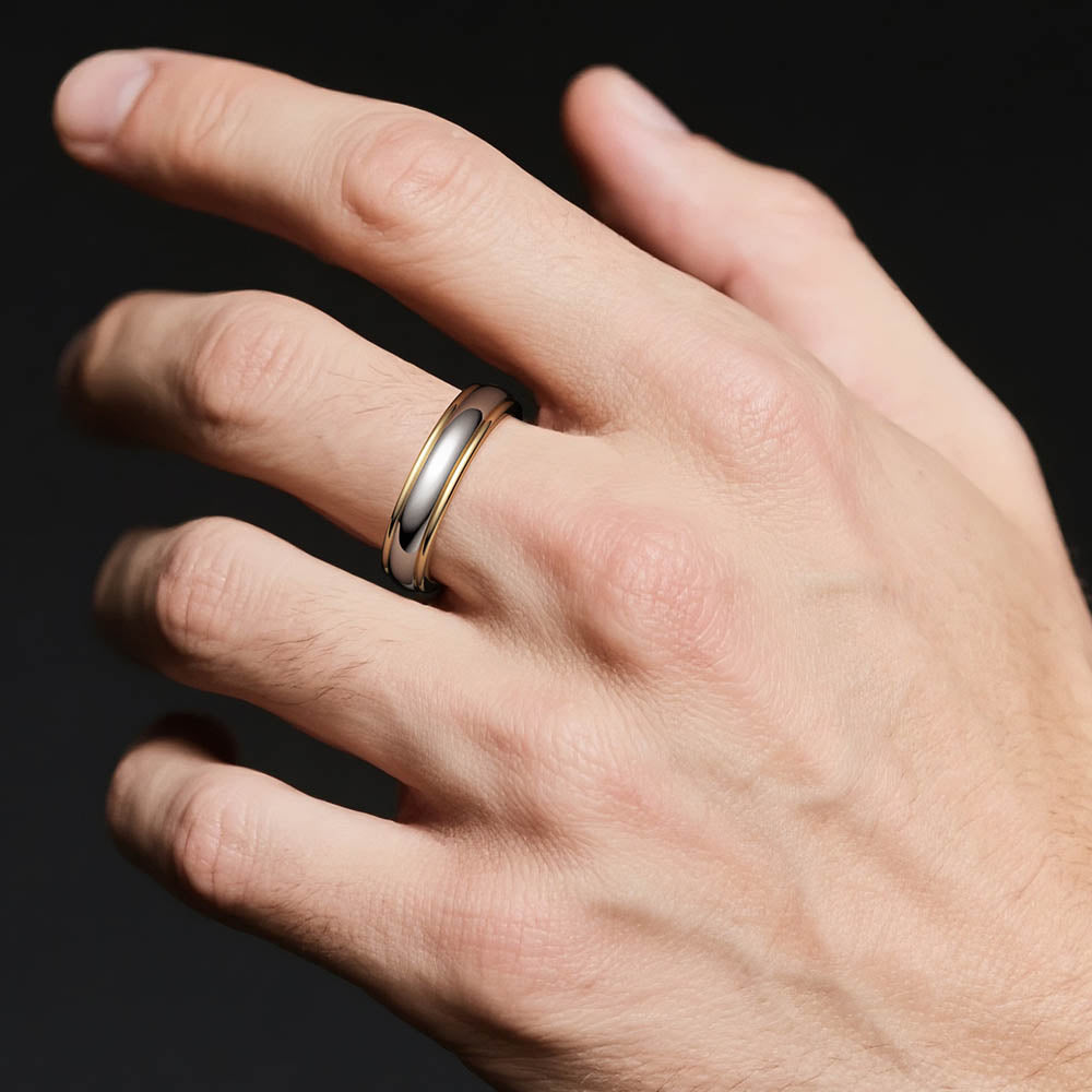 6mm Minimalist Two Tone Men's Wedding Band - Tungsten & Gold Comfort Fit Ring for Grooms, Anniversary & Promise Rings - Perfect for Everyday Wear & Special Occasions