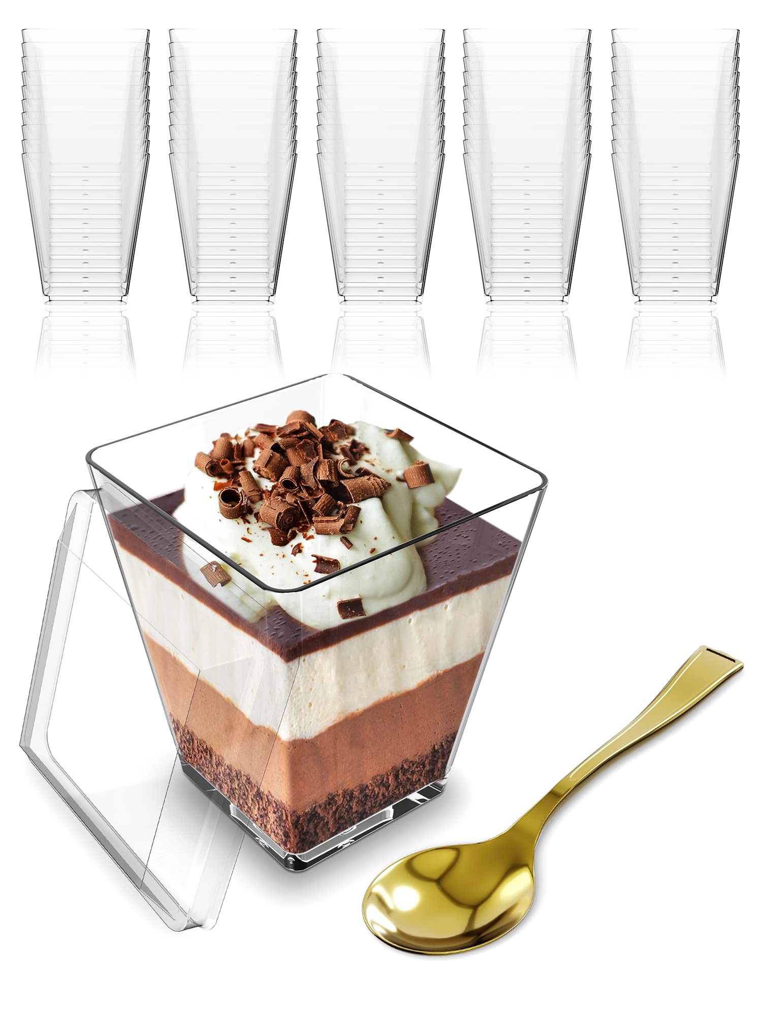 5 oz Mini Square Dessert Cups with Lids & Gold Spoons (50 Pack) - BPA Free Reusable Plastic Appetizer Cups for Parfait, Ice Cream, Yogurt - Perfect for Parties, Catering, Events & Home Entertaining