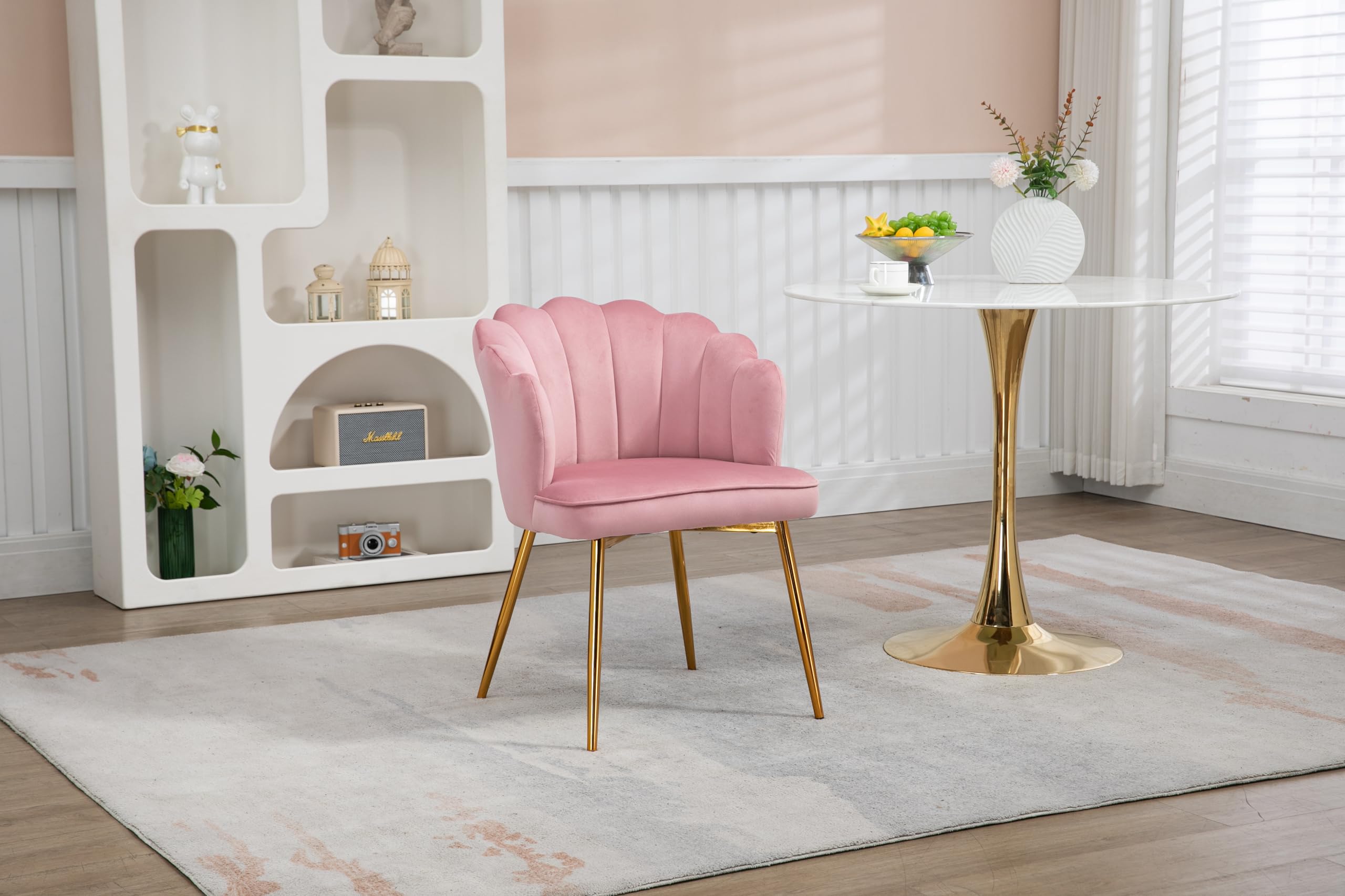Modern Velvet Vanity Chair with Golden Metal Legs & Petal Back - Comfy Upholstered Armchair for Bedroom, Dining, Makeup Desk - Soft Pink Velvet Seat for Women & Girls (Perfect for Dressing Rooms, Boudoirs & Teen Bedrooms)