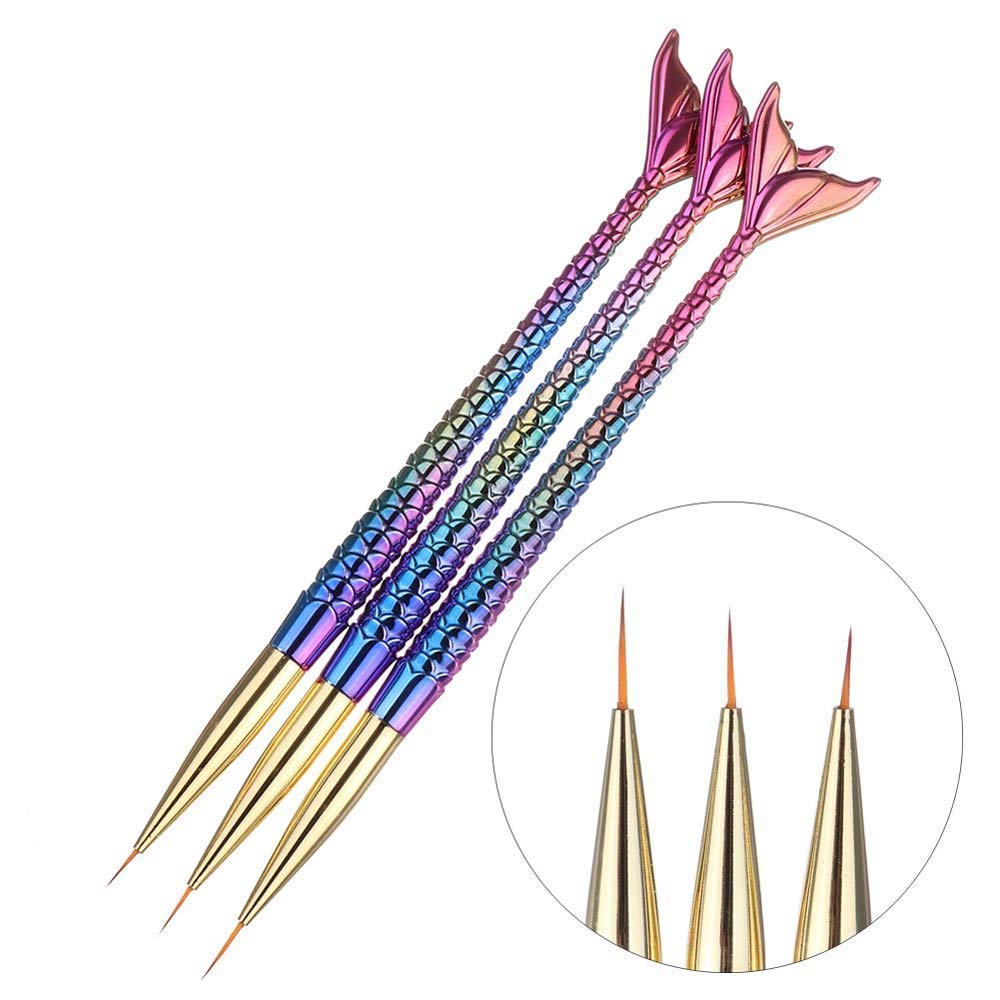 Gleevia 3pcs Fish Tail Nail Art Liner Brushes - Multicolor Plastic Heads & Handles for Fine Nail Art - Professional & DIY Nail Design - Perfect for Salon, Home Manicure & Nail Art Enthusiasts