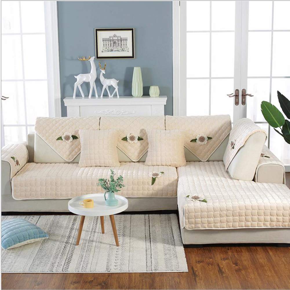Nileco Quilted Plush Sofa Slipcover - Anti-Slip Thick Furniture Protector, Dustproof Washable Sectional Couch Cover, Beige 90x240cm (35x94inch) - Perfect for Living Room, Family Room & Home Decor Protection