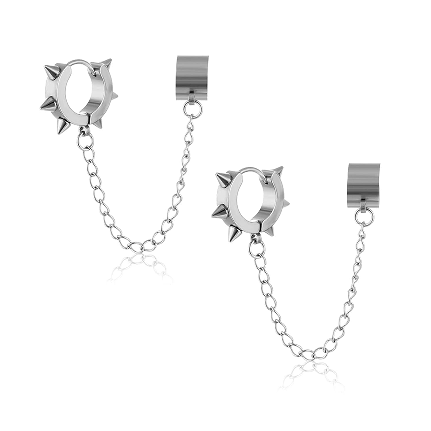 Punk Silver Stainless Steel Huggie Hoop Earrings - Gothic Black Rivet Spike Dangle Drop Earrings for Women & Men | Alternative Fashion, Piercing Jewelry, Goth Accessories for Concerts & Night Out