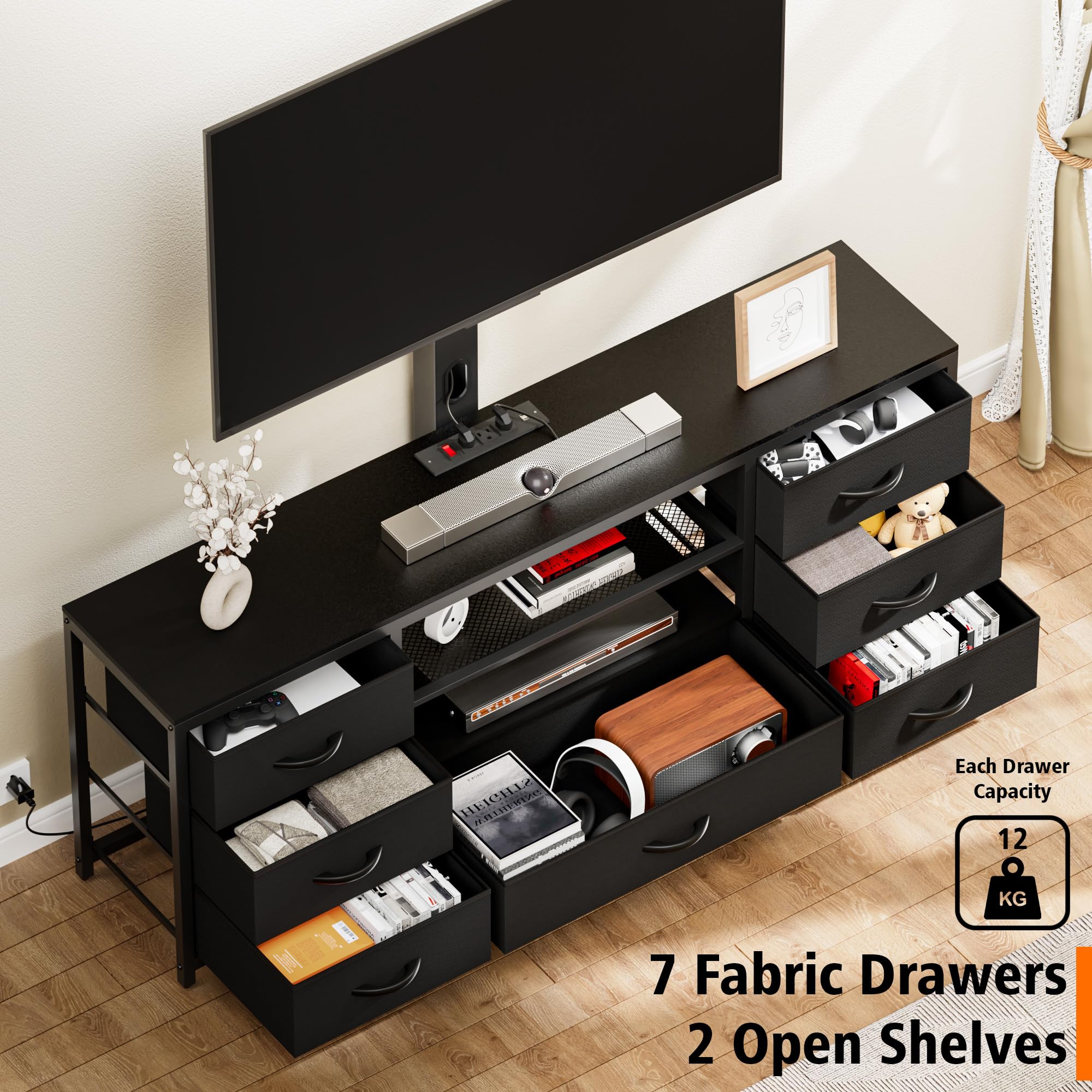 TV Stand with Mount & 7 Fabric Drawers - LED Entertainment Center with Power Outlets for 32-70 Inch TVs - Black Media Console with Open Shelves - Perfect for Living Room & Bedroom - Ideal for Gaming, Movie Nights & Home Entertainment