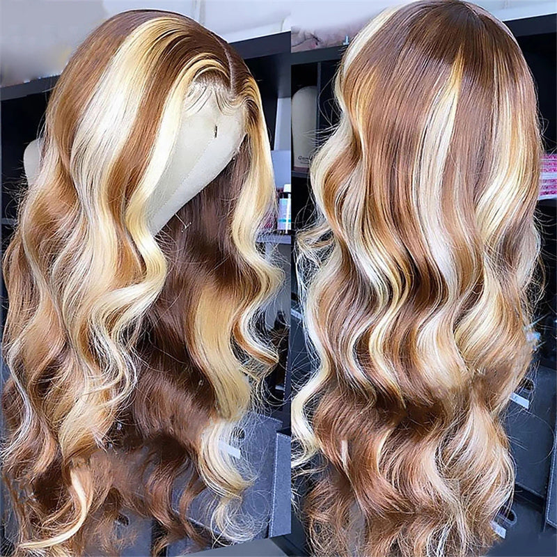 Eullair P8/613 Piano Highlights Body Wave 13×4 Lace Frontal Wig - Brown with Blonde Highlights Straight Human Hair Wig for Women | Perfect for Daily Wear, Parties & Special Occasions