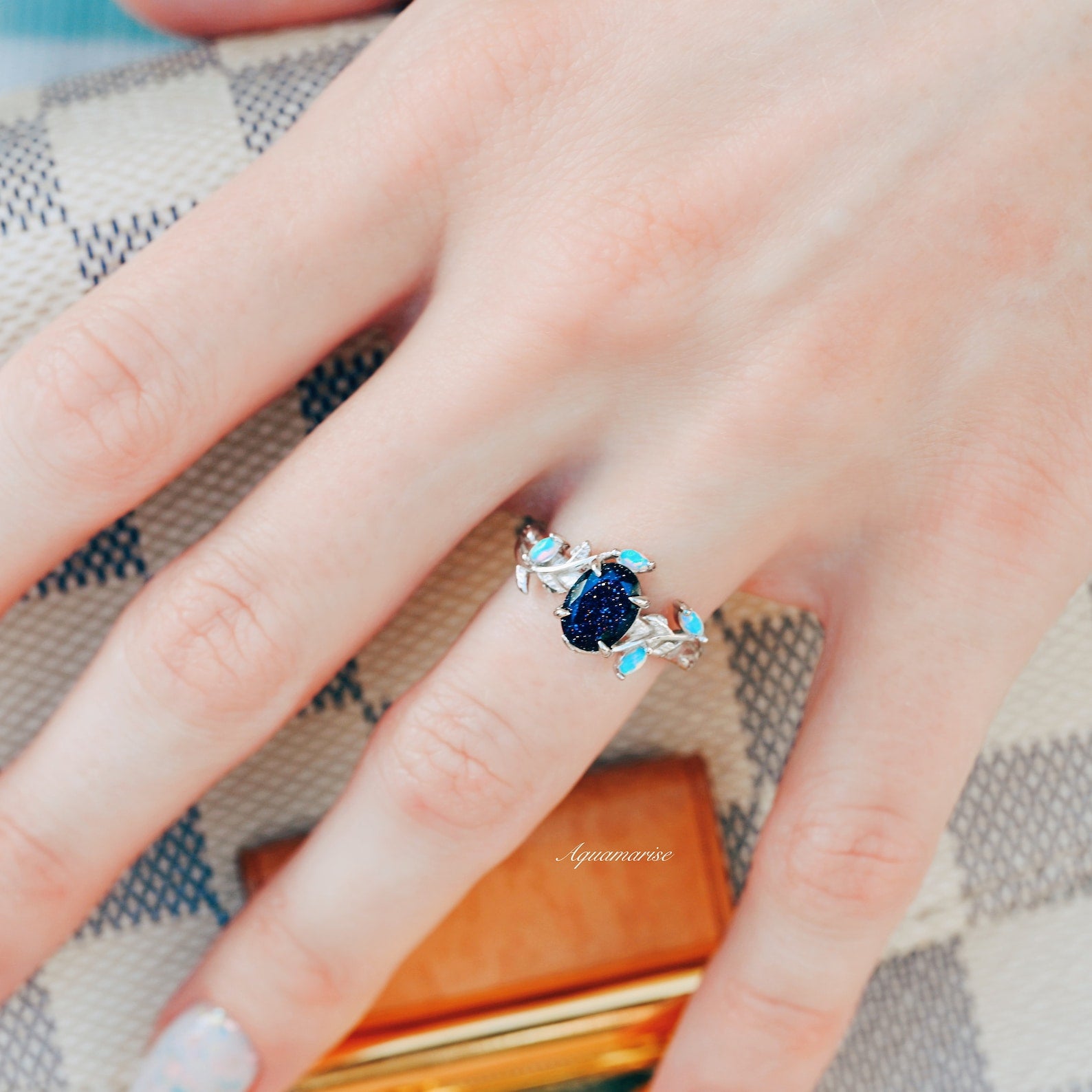 14K White Gold Starry Night & Australian Opal Leaf Ring - Elegant Nature-Inspired Jewelry for Women, Perfect for Weddings, Anniversaries & Special Occasions