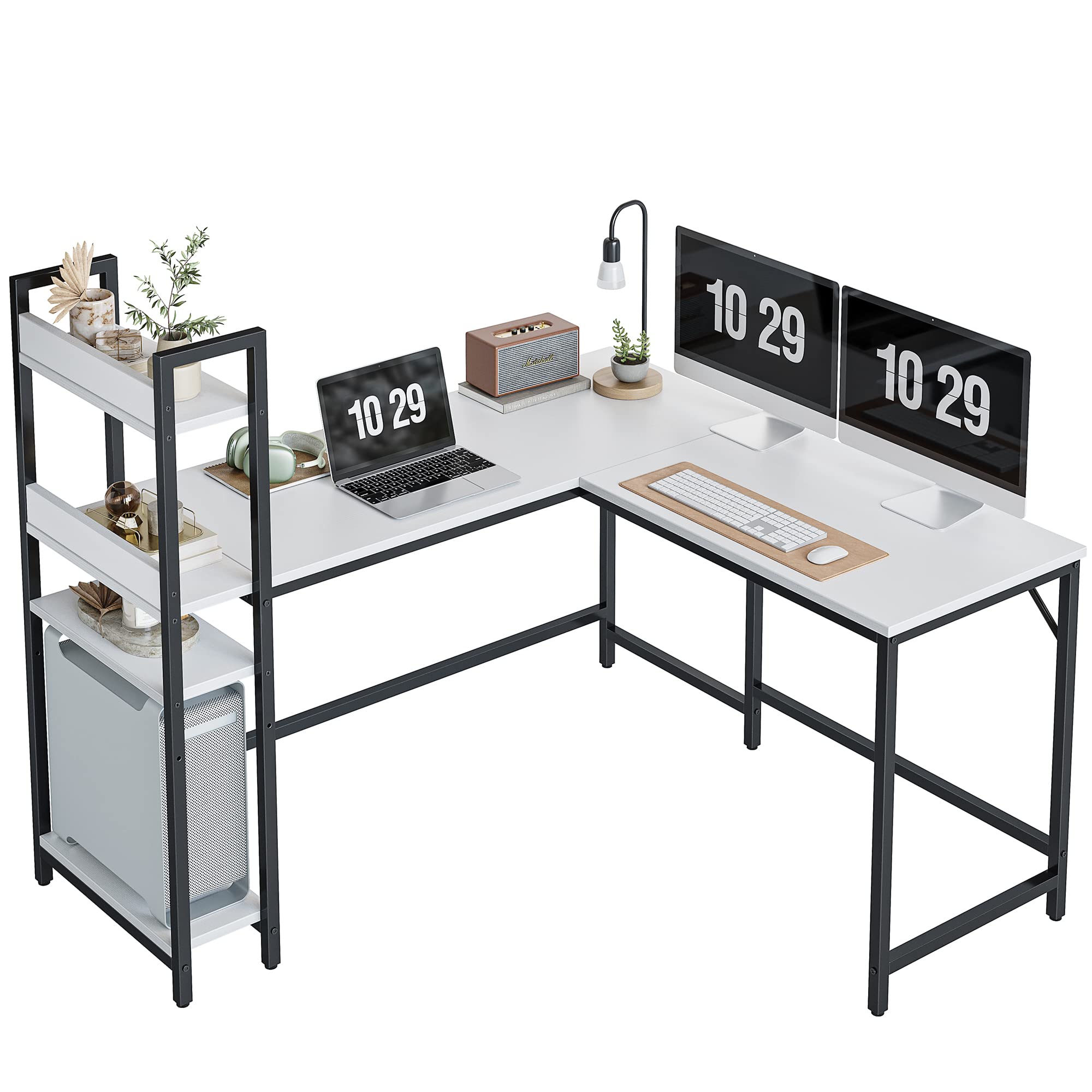 CubiCubi White L-Shaped Computer Desk with Storage Shelves - Home Office Corner Desk for Writing, Gaming & Studying - Space-Saving Design with Bookshelf - Perfect for Small Spaces & Workstations