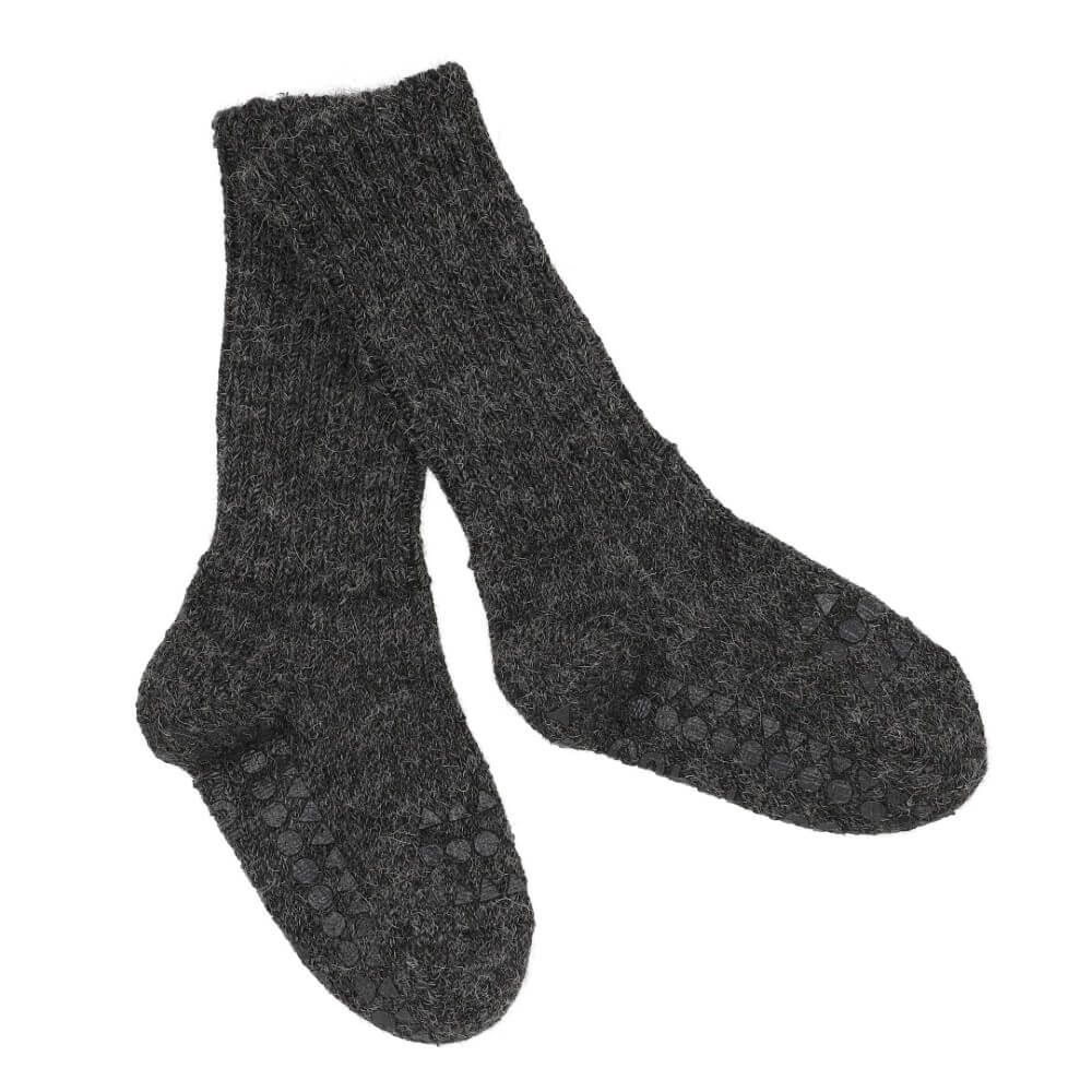 GOBABYGO Alpaca Non-Slip Socks for Women & Men - Soft Warm Winter Socks with Grips - Dark Grey Melange Color - Perfect for Home, Yoga, and Cold Weather