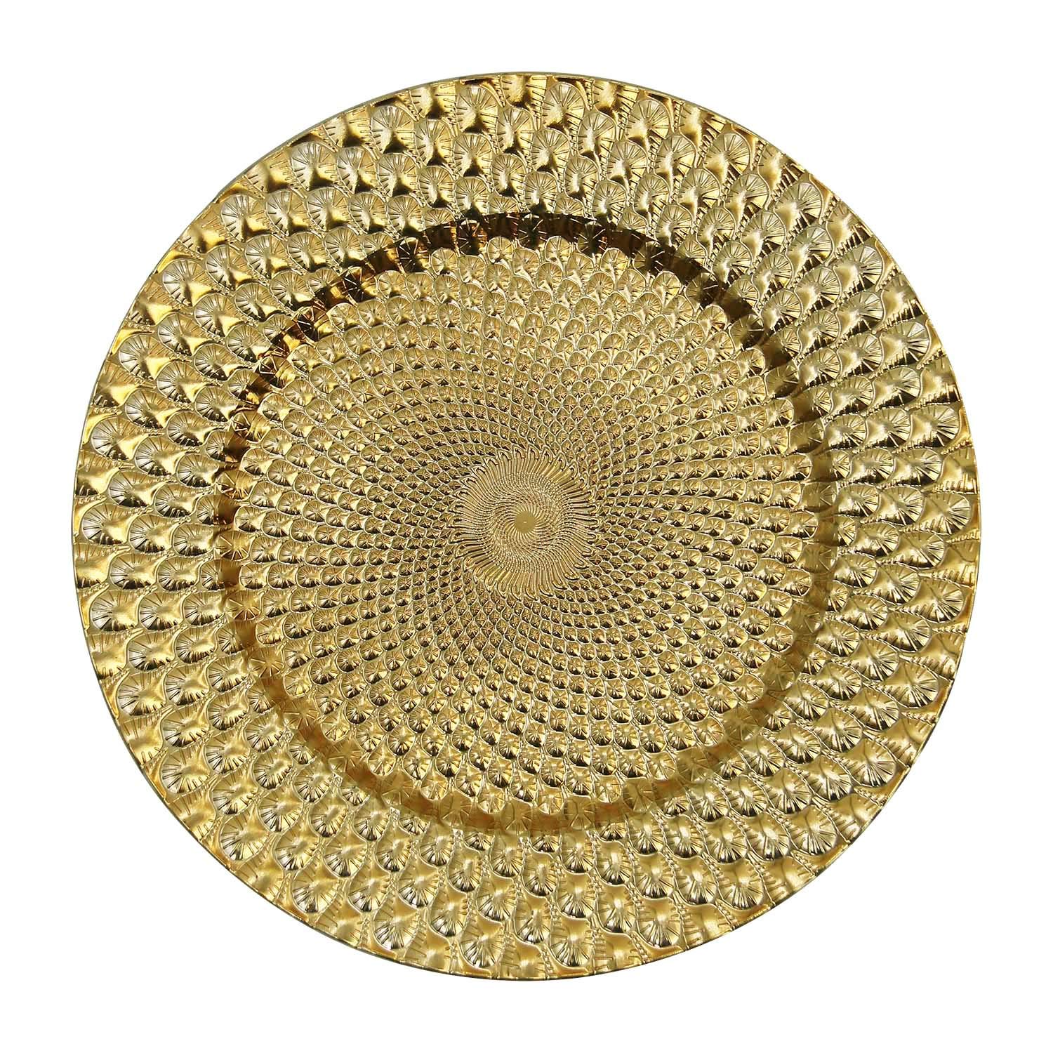 WELMATCH 12-Pack Gold Plastic Peacock Charger Plates - 13 Inch Round Decorative Dinner Plates for Wedding, Party & Special Events - Elegant Table Setting for Formal Dining & Celebration Decor