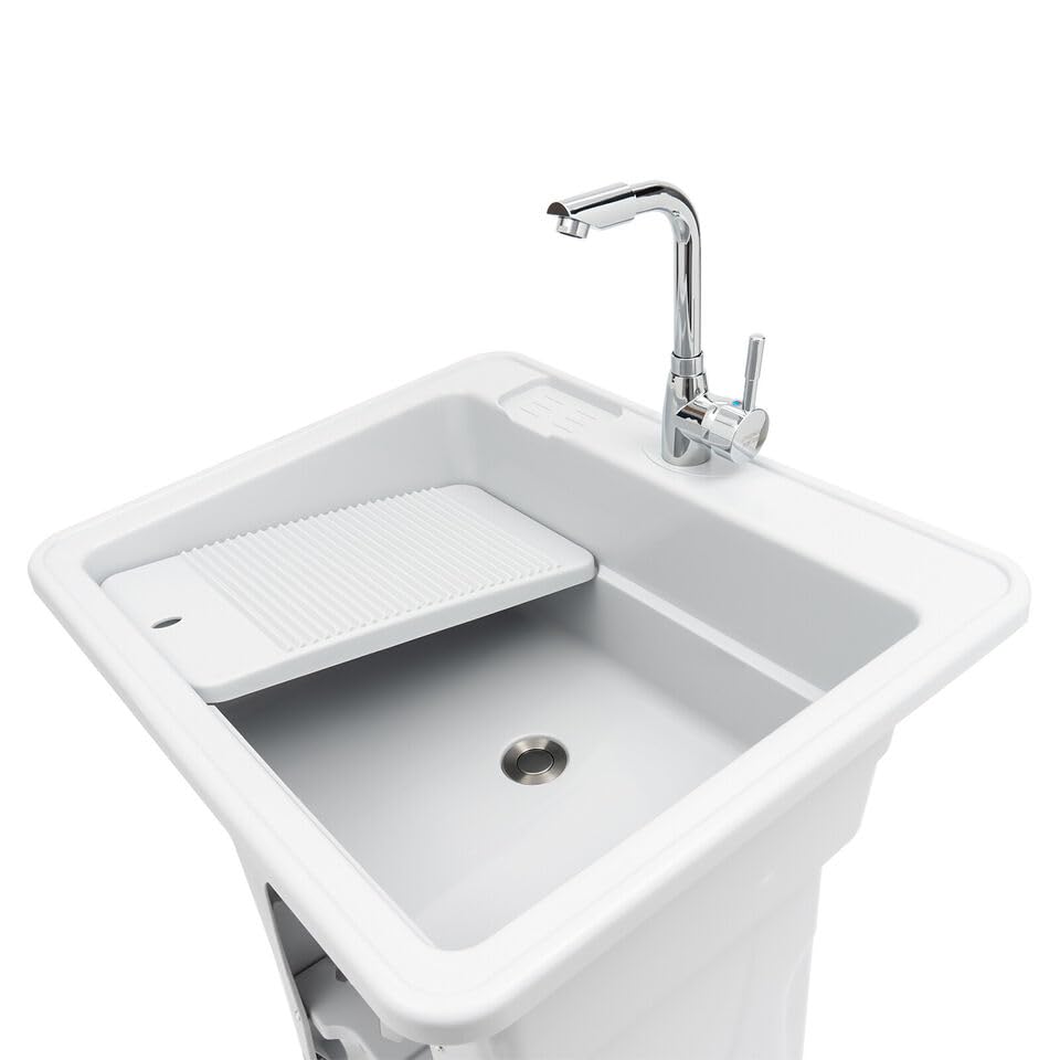 Heavy Duty Freestanding Plastic Laundry Sink with Faucet - Deep Utility Sink Kit with Hose & Drain - Perfect for Laundry Rooms, Basements, Garages & Outdoor Use (60 Models) - Ideal for Washing Pets, Cleaning Tools & Garden Equipment