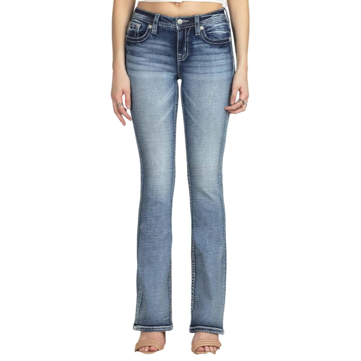 Miss Me Women's Botanical Border Embellished Mid-Rise Bootcut Jeans - Floral Design with Faux Flap Pockets - Comfortable Stretch Denim for Casual Wear & Date Nights