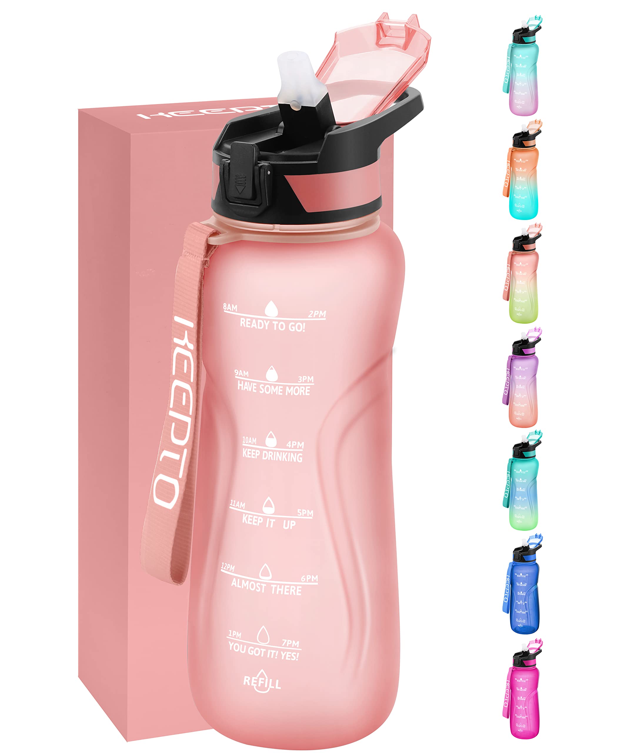 KEEPTO 64oz Half Gallon Water Bottle with Straw, BPA Free Motivational Water Jug with Time Marker for Gym, Office, and Outdoor Activities