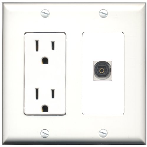 RiteAV 15 Amp Power Outlet with 1 Port Toslink - Decorative White Wall Plate for Home Theater & Audio Systems Installation