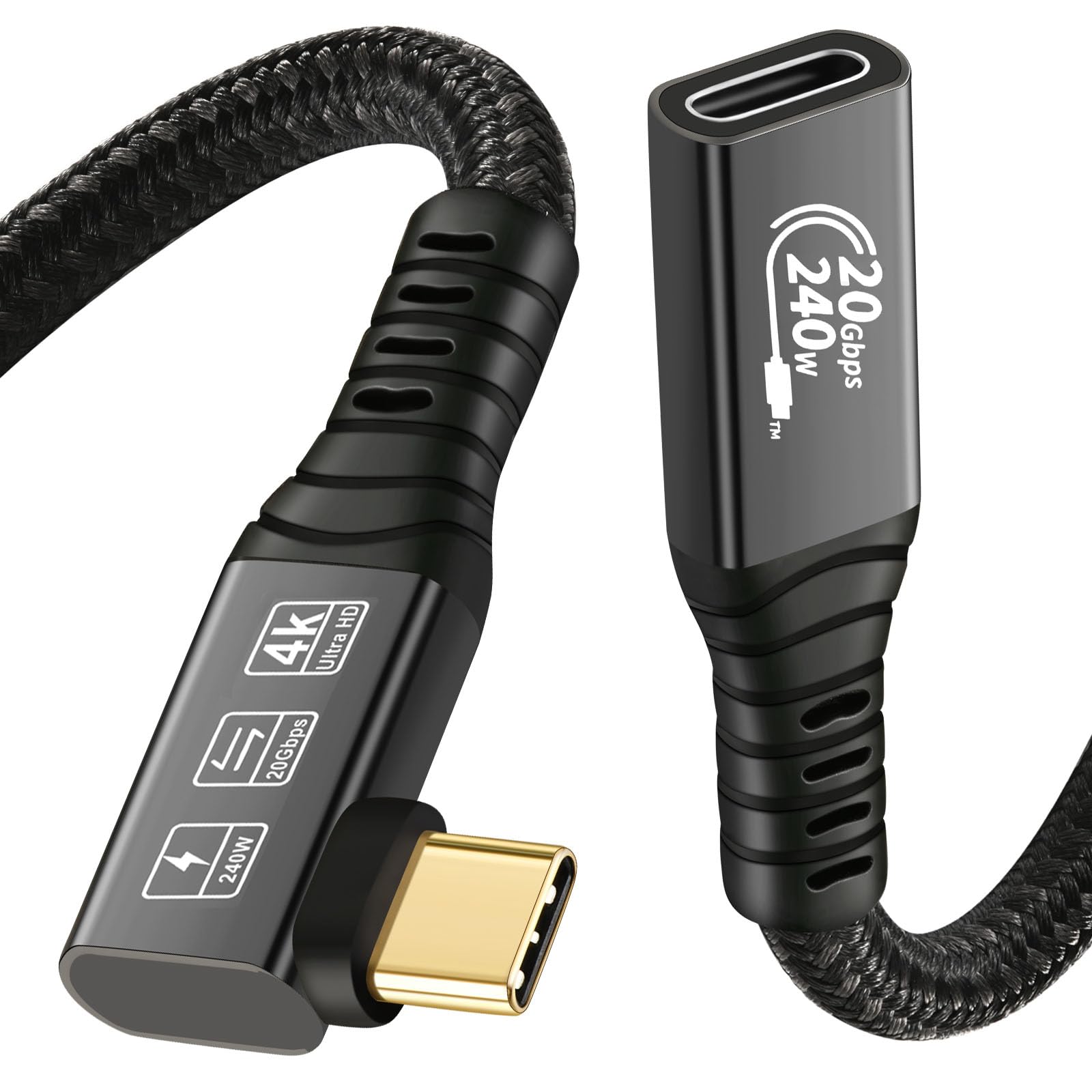 90 Degree USB C 3.2 Gen 2 Extension Cable - 20Gbps High Speed Data Transfer, 240W Fast Charging, 4K@60Hz Video - Male to Female USB-C Extender for SSD, eGPU, Laptop, Monitor & Gaming Setup