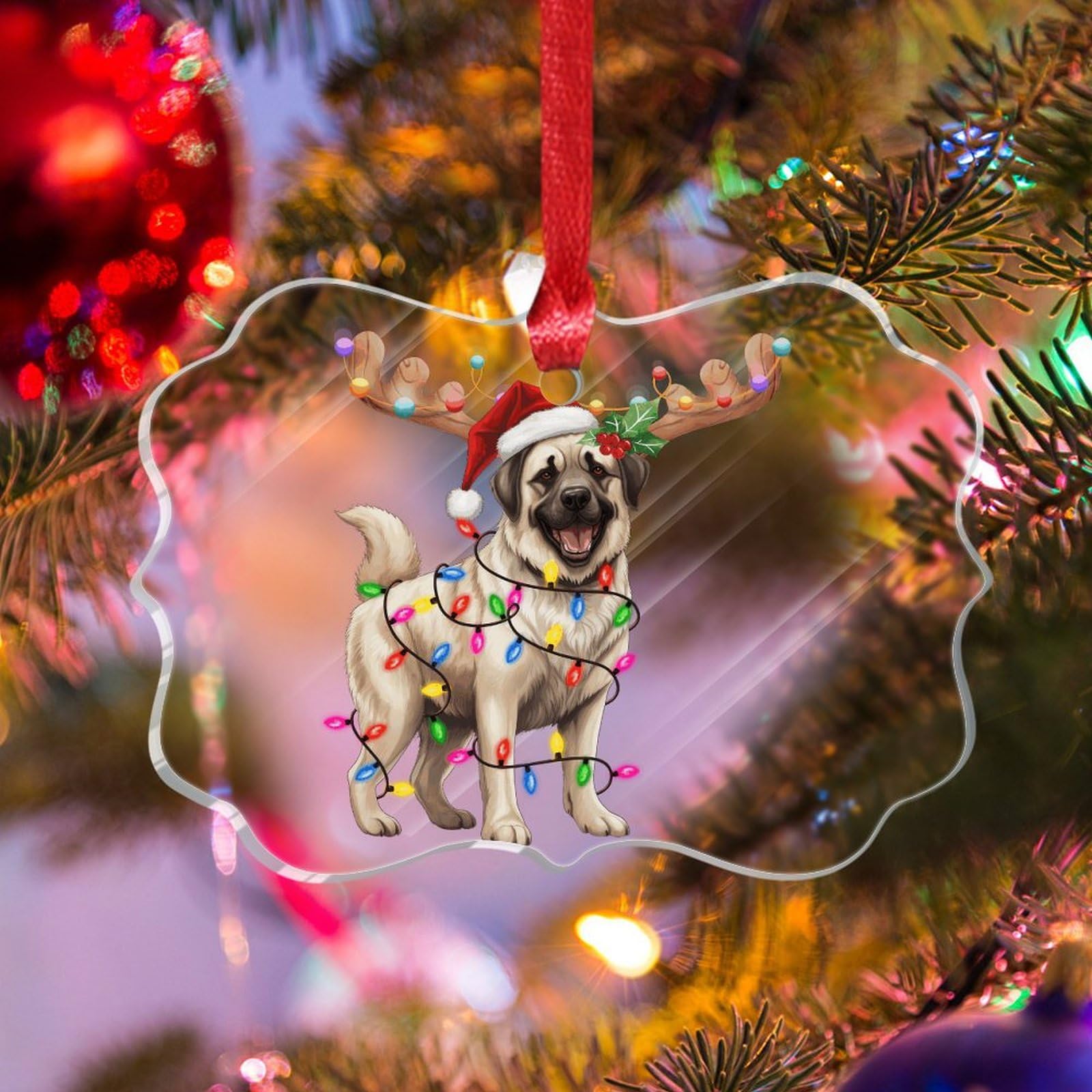 Anatolian Shepherd Dog Christmas Ornament - Handmade Acrylic Pet Memorial Hanging Decor with Antlers for Xmas Tree, Gift for Dog Lovers - Perfect for Holiday Home Decor and Pet Memorial Keepsakes