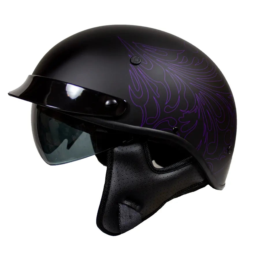 VOSS 707FRP Purple Paisley DOT Approved Half Helmet with Sun Visor - Lightweight Motorcycle Helmet for Cruiser, Scooter & Bike Riders - Perfect for Urban Commuting & Short Rides