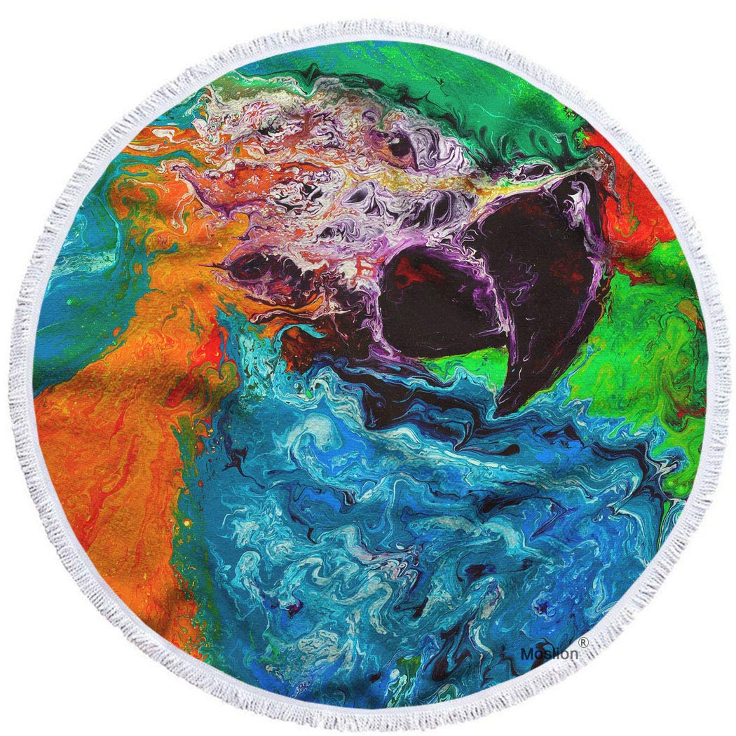 Moslion 63 Inch Oversized Round Beach Towel - Abstract Oil Painting Parrot Design, Bright Modern Colorful Animal Print, Soft Microfiber Polyester for Beach, Pool, Picnic & Outdoor Activities