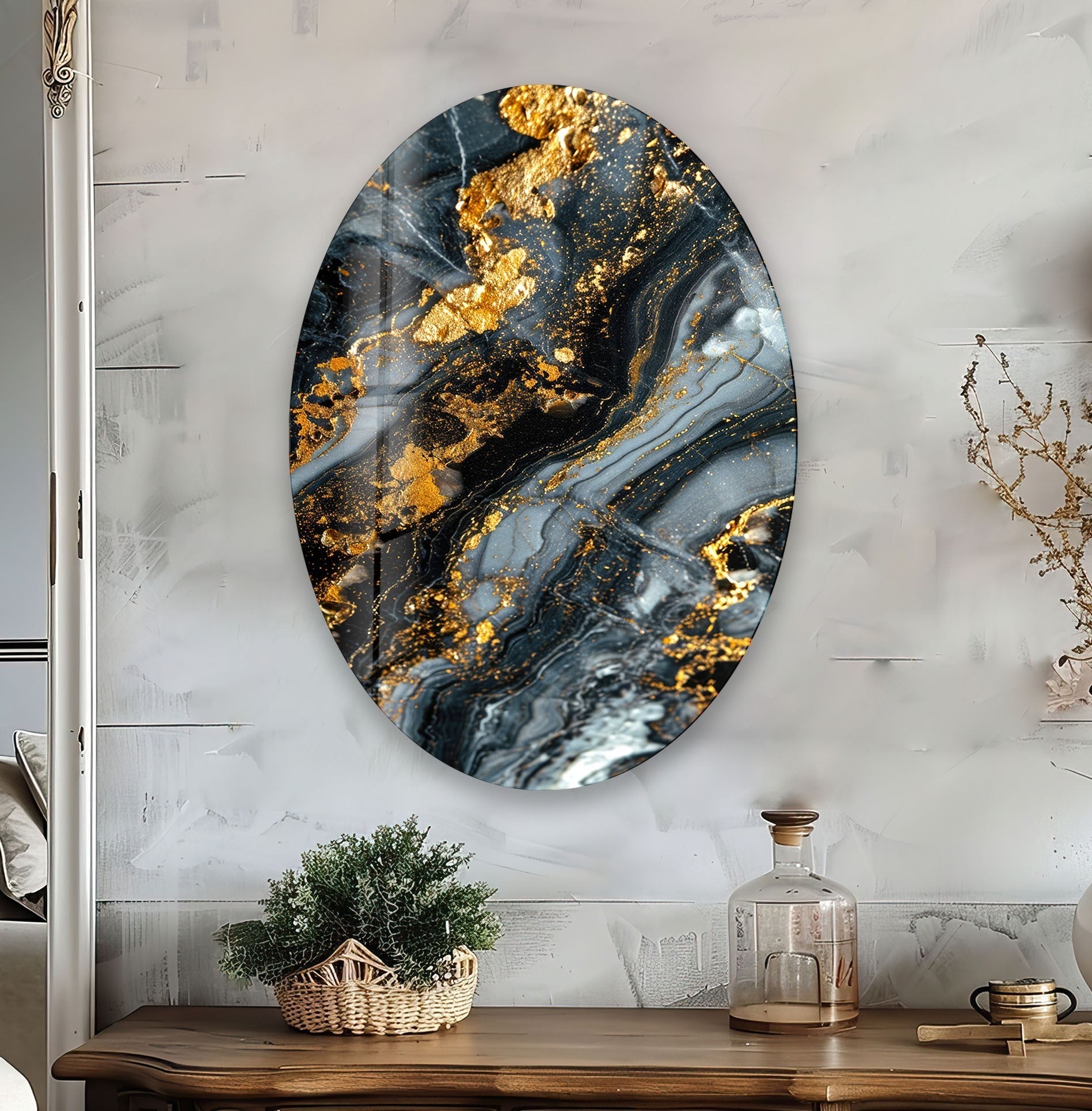 Asymmetric Oval Black Gold Splash Glass Wall Art - Modern Abstract Home Decor for Living Room, Bedroom & Office - Unique Handmade Glass Painting for Wall Decoration