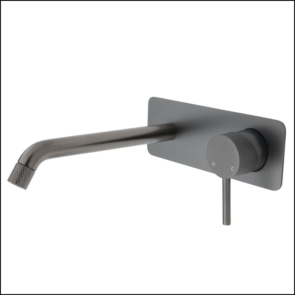 FIENZA Gun Metal Axle Wall Basin Bath Mixer Set with Soft Square Plate - 200mm Outlet (231106GM 200) - Perfect for Modern Bathroom & Spa Renovations