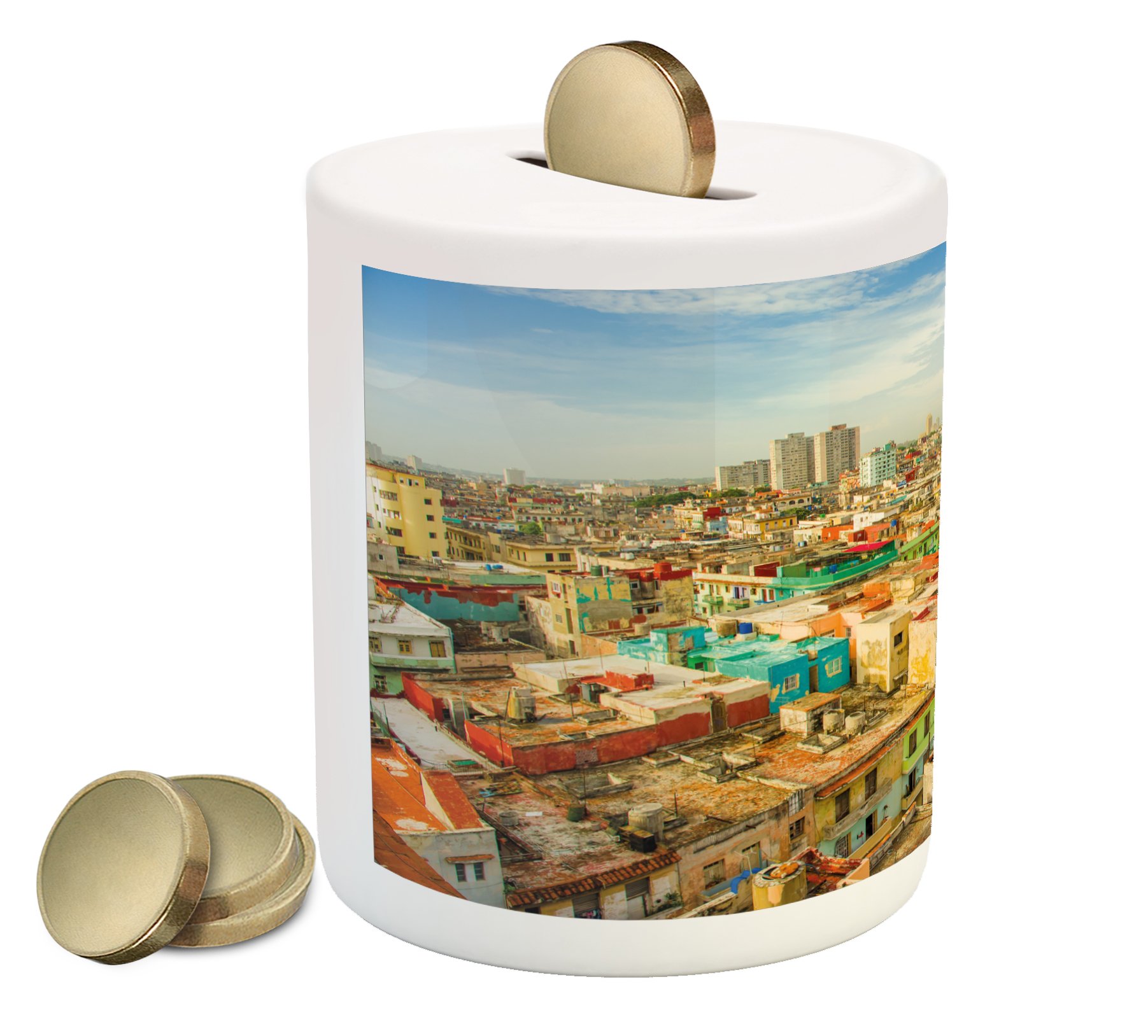 Ambesonne Ceramic Piggy Bank - Havana City Vedado District Cuba Panorama with Colorful Historic Houses, Printed Money Box for Cash Savings | Perfect Gift for Travel Lovers & Home Decor
