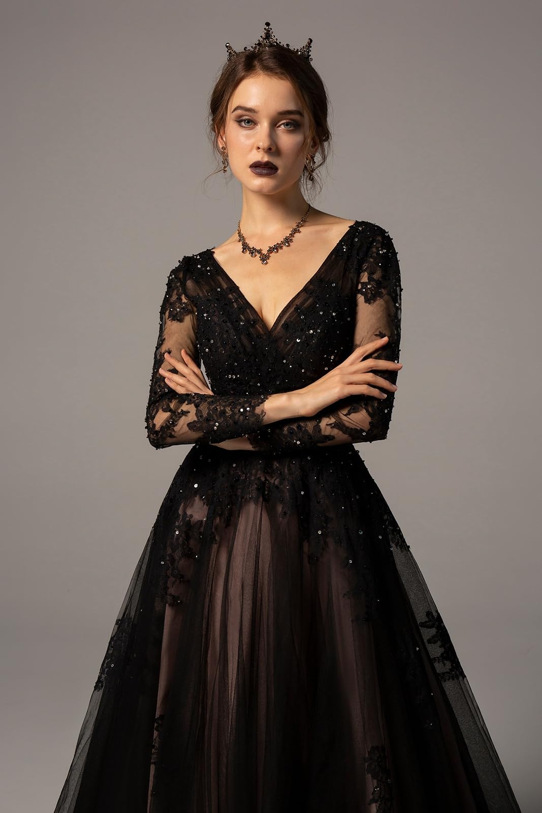 Elegant Black Long Sleeve Lace Wedding Dress for Women - Backless Bridal Gown with Appliques | Perfect for Gothic, Alternative, and Vintage Wedding Ceremonies
