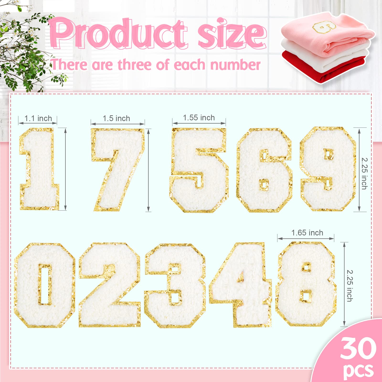 30 Pieces White Chenille Iron-On Number Patches for Jackets - DIY Embroidery Applique for Jersey, Fabric & Crafts - Glitter Sew-On Numbers for Sports Uniforms, Team Jerseys & DIY Decor