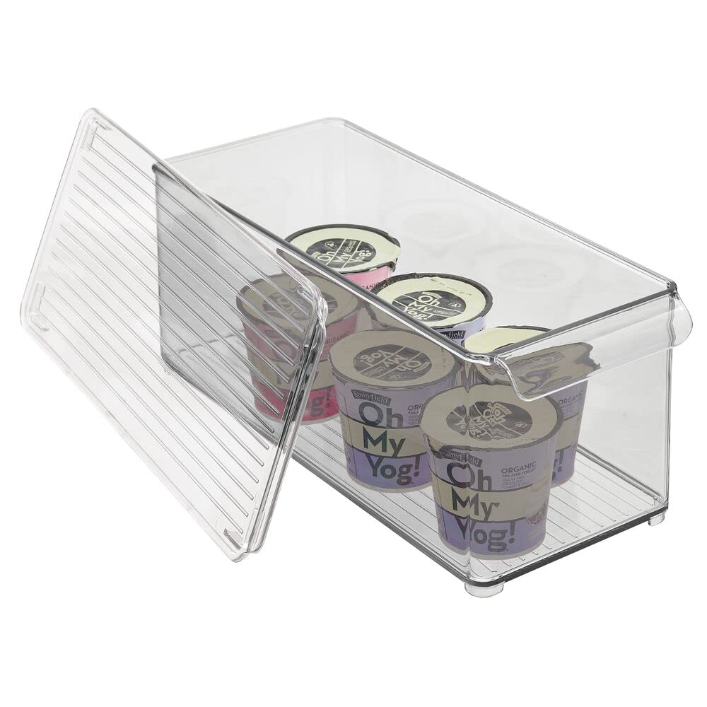 mDesign Plastic Stackable Kitchen Pantry Cabinet Organizer - Clear/Smoke Gray Food Storage Bins with Handle & Lid - 2 Pack for Refrigerator, Freezer - Perfect for Fruits, Yogurt, Snacks, Pasta - Ideal for Pantry Organization & Meal Prep