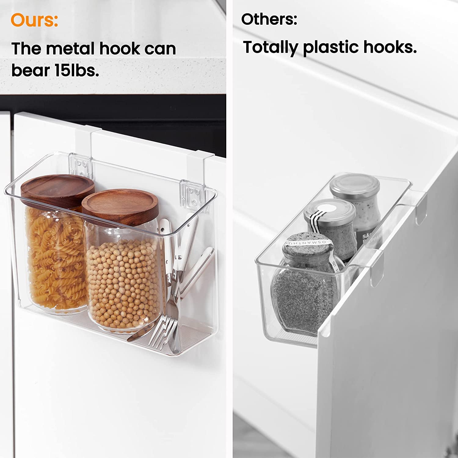 Vacane Clear Plastic Over Cabinet Door Organizer with Removable Hooks - Hanging Storage Baskets for Kitchen, Pantry & Bathroom - Space Saving Organizer for Spices, Utensils & Toiletries (Fits Inside or Outside Cabinet Doors) - Perfect for Small Space Organization & Clutter-Free Homes