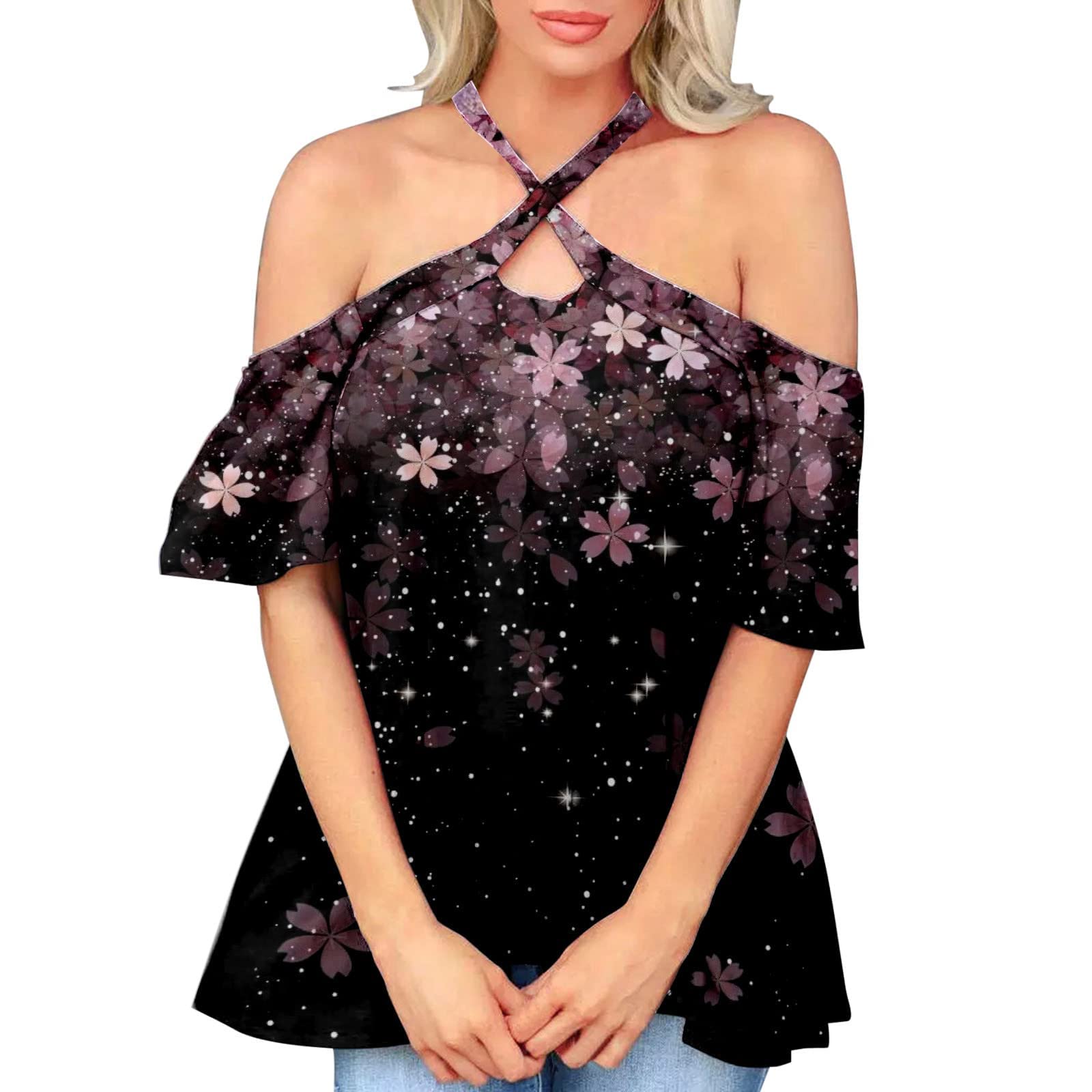 Women's Summer Sexy Crossover Halter Neck Off Shoulder T-Shirt - Elegant Casual Short Sleeve Blouse & Tunic Top for Beach, Party & Daily Wear