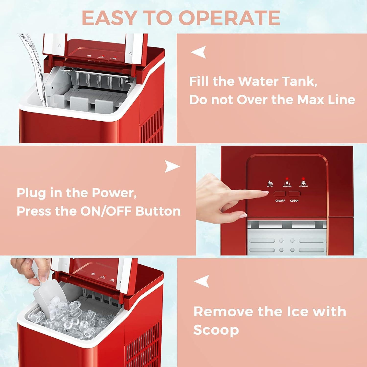 ARLIME Portable Countertop Ice Maker Machine - 26LBS/24H, Makes Ice in 8 Minutes - Includes Scoop & Basket - Perfect for Home, Office, Parties, Bars, Camping & Outdoor Events (Red)