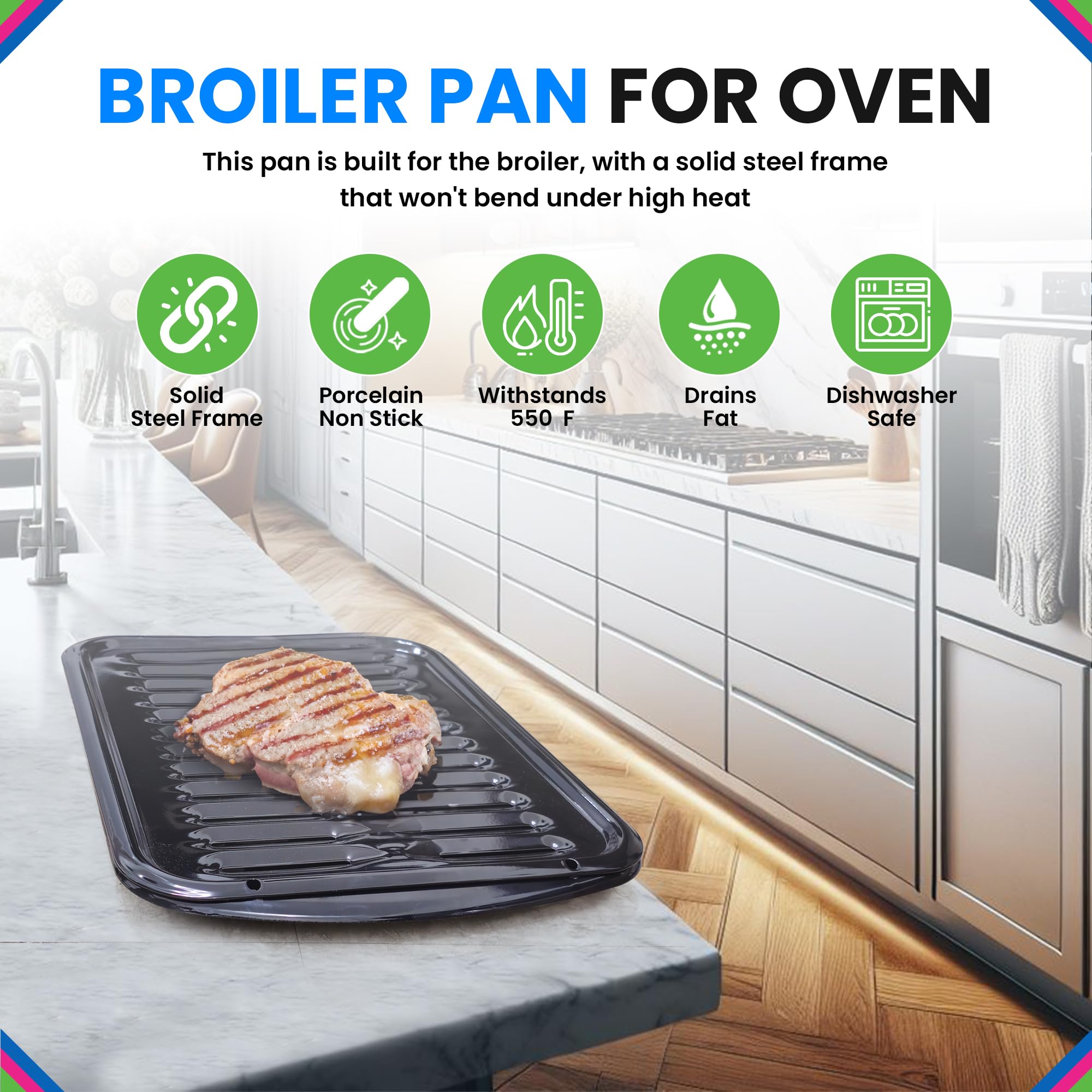 Nonstick Porcelain Coated Broiler Pan for Oven - 16.75” x 12.75” Frigidaire 5304494997 Replacement Broiling Pan with Rack, Heat Circulating & Fat Draining Design, Up to 550°F - Perfect for Roasting, Grilling & Baking Meats, Vegetables & More