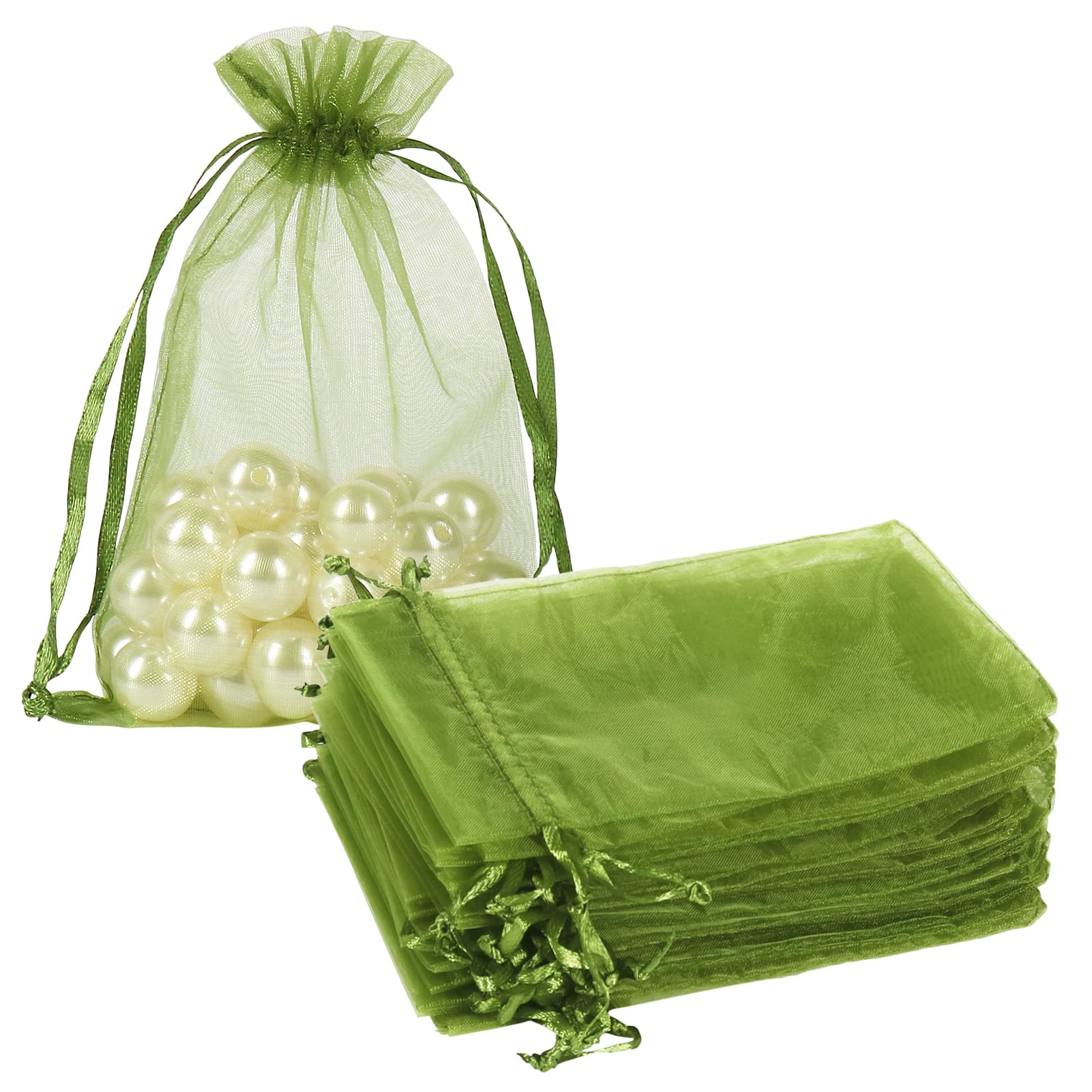 100pcs Olive Green Organza Drawstring Bags 4x6 inch - Candy, Jewelry & Gift Pouches for Christmas, Weddings, Baby Showers & Party Favors