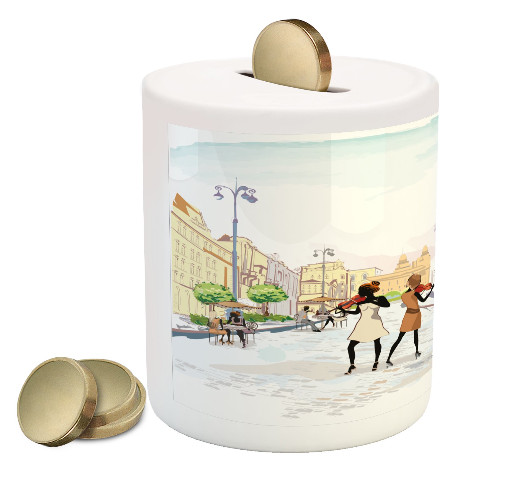 Modern Piggy Bank - Old Town European Street Musician Violinist Graphic Printed Ceramic Coin Money Box for Cash Savings | Multicolor Home Decor | Perfect Gift for Kids, Collectors & Home Office