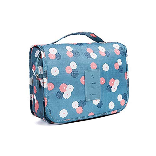 Ystle Waterproof Travel Makeup Bag - Portable Hanging Organizer for Women & Girls | Blue Floral Cosmetic Pouch