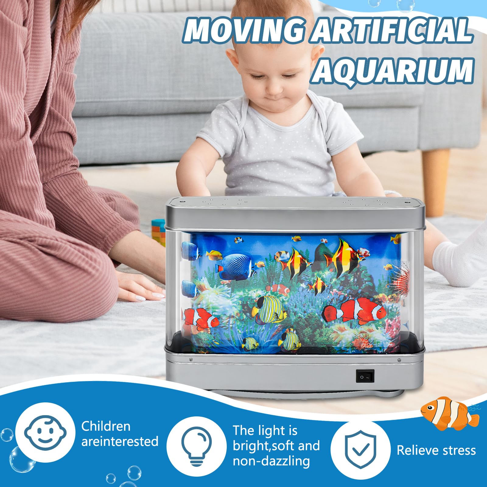 Mini Artificial Aquarium with LED Light - Fake Fish Tank with Dynamic Moving Fish Image, Desktop Decorative Lamp & Virtual Ocean Motion Night Light for Home, Office, Kids Room Decor (Small Fish)