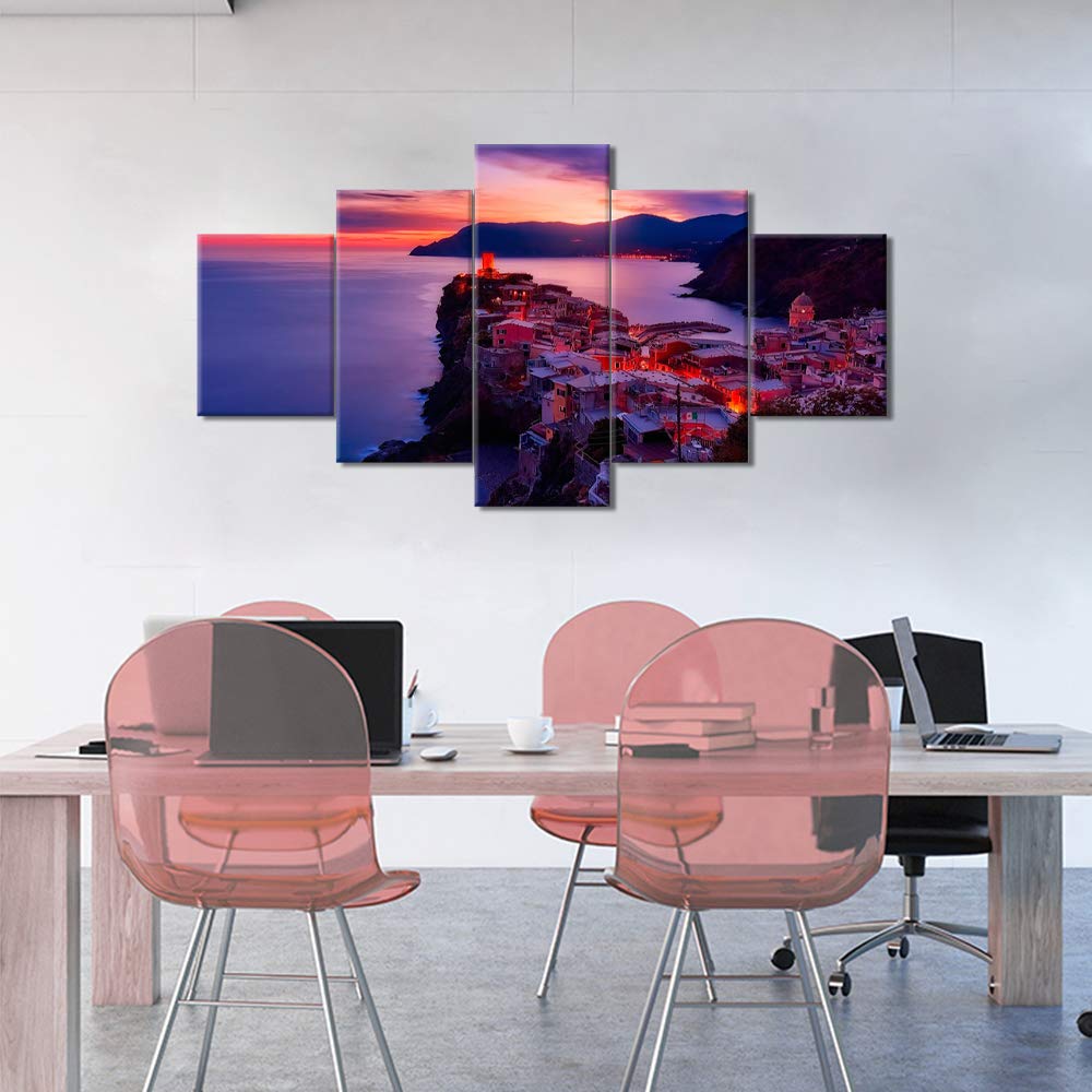 5-Panel Cinque Terre Italy Coastal Sunset Canvas Wall Art - Stretched & Framed Ready to Hang (60''W x 32''H) - Perfect for Bedroom, Living Room & Office Decor
