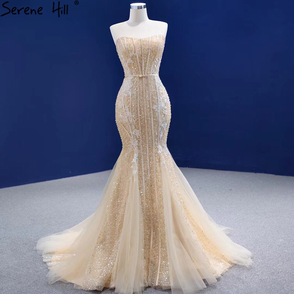 Serene Hill Women's Mermaid Champagne Evening Dresses 2025 - Elegant Beaded Sexy Formal Gowns for Prom, Wedding & Black Tie Events (Style HM67339) - Perfect for Cocktail Parties, Galas and Special Occasions